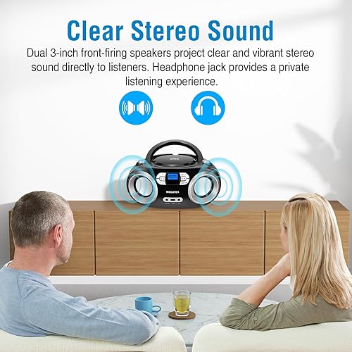 Miniatura 3 de MEGATEK Reproductor de CDRadioBluetooth Boombox con sonido estéreo mejorado reproducción de CD-RCD-RWMP3WMA puerto USB entrada AUX conector de Negro