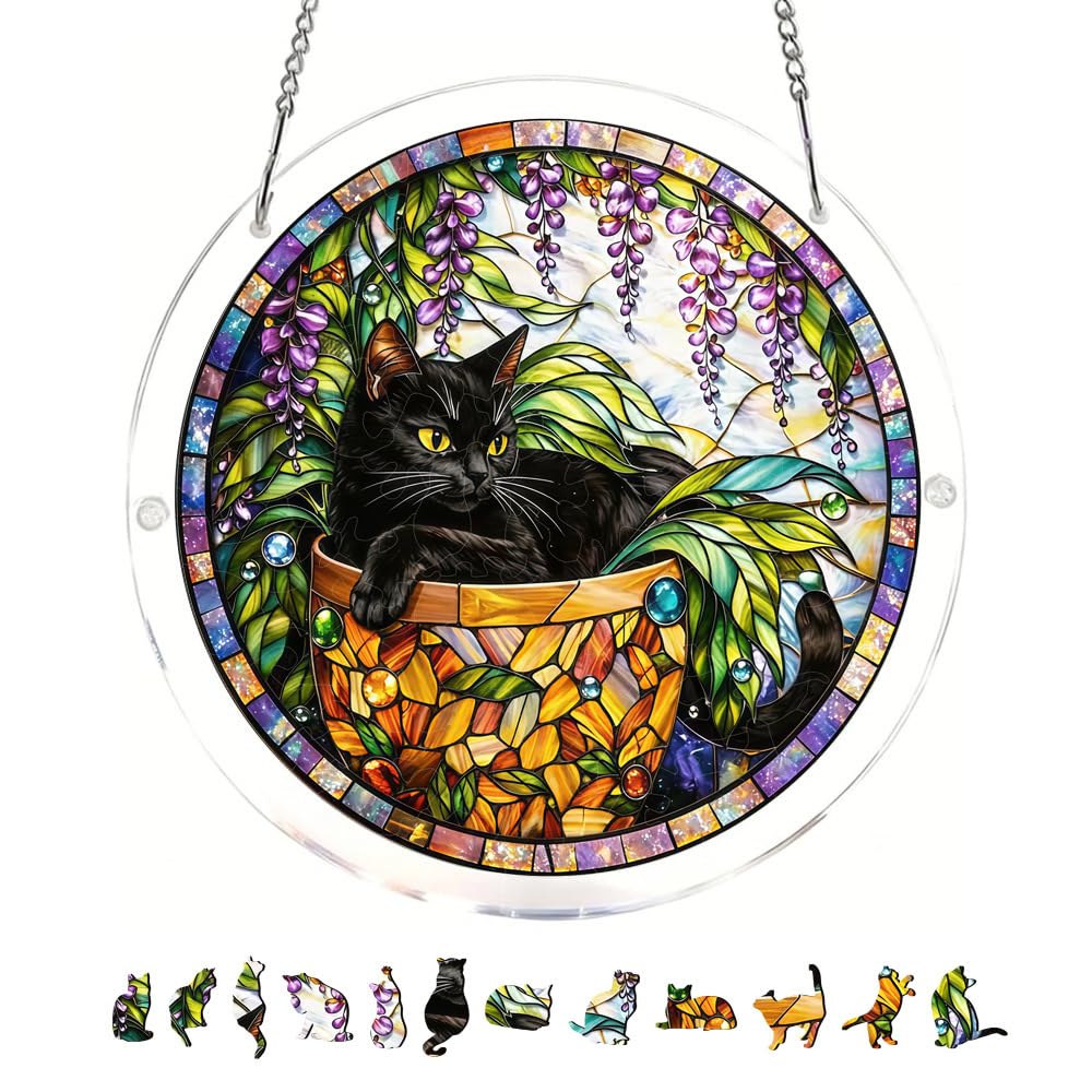 83 Pieces Hanging Acrylic Suncatcher Puzzle,DIY Acrylic Jigsaw Puzzle for Adults, 2mm Transparency Acrylic, Acrylic Suncatcher Puzzles for Doors Garden Window (Black Cat, 8.2 Inches)