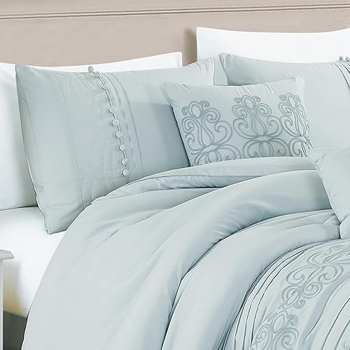 Miniatura 5 de Chezmoi Collection Grace - Juego de edredón de 7 piezas, diseño floral bordado floral azul pálido con pompones, a rayas, tamaño King