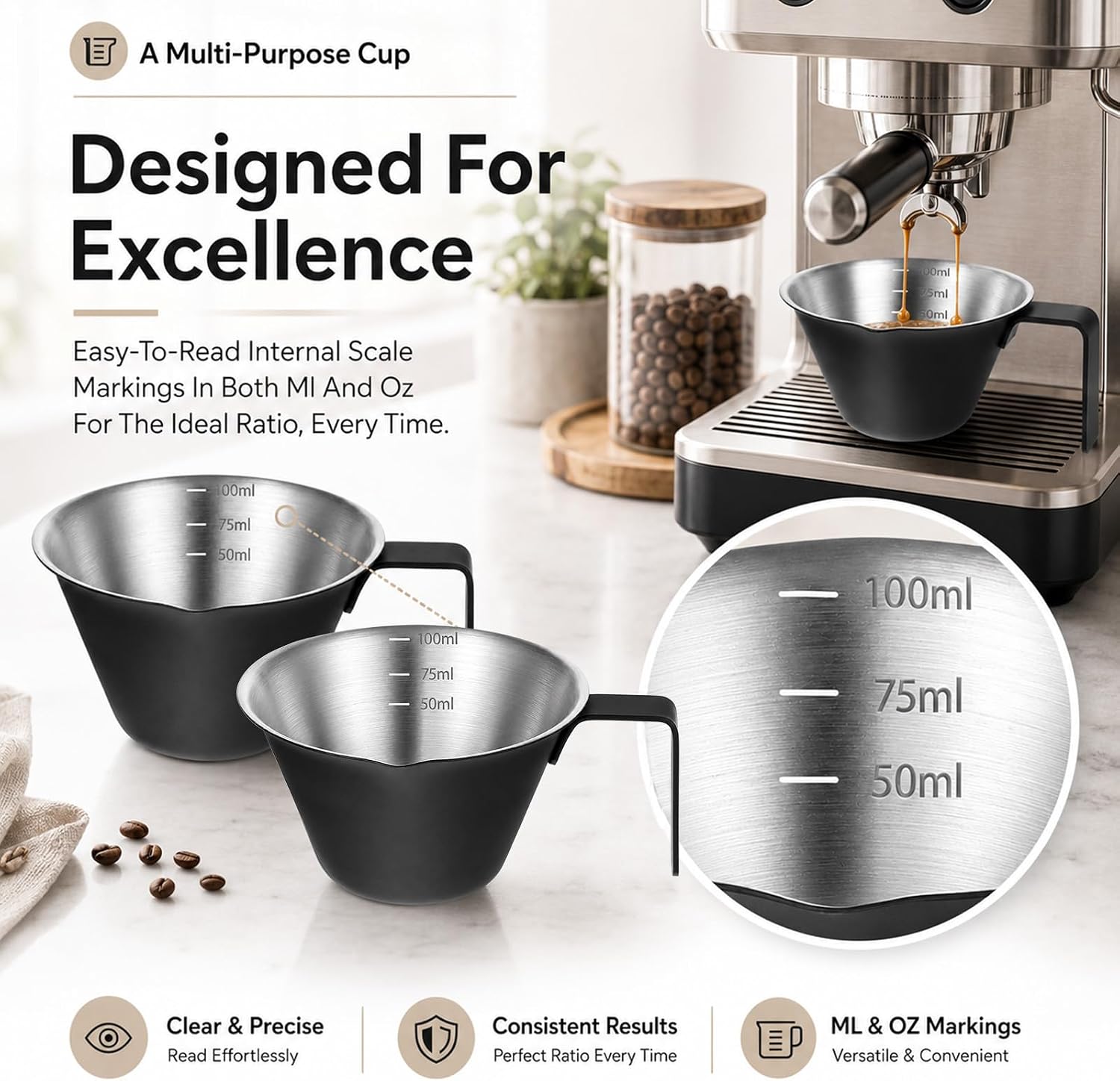 8 Pack Stainless Steel Espresso Measuring Cups, 3.4OZ/100ML