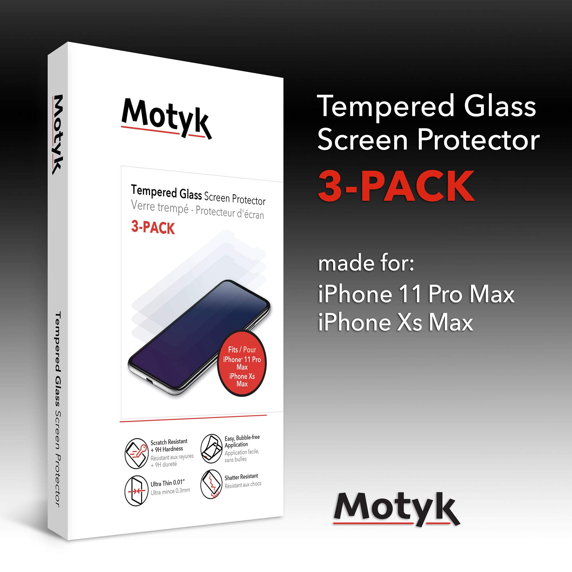 QmadixMOTYK 3 PACK Tempered Glass Screen Protector for iPhone 11 Pro Max, iPhone Xs Max Case friendly, Ultra-thin, Scratch Resistant, 9H Hardness (Bonus Installation Kit)