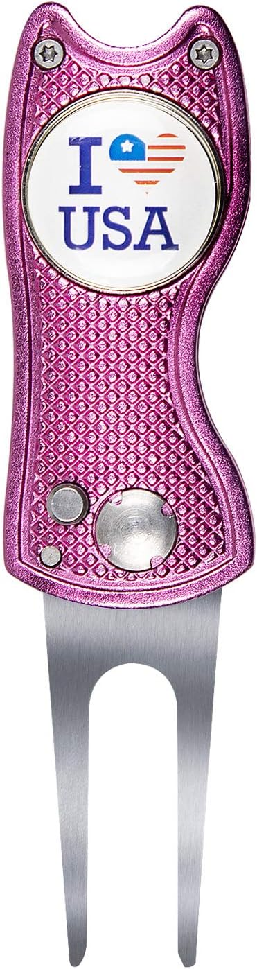 Metal Durable Switchblade Pop-up Button Golf Divot Tool Fold-able Portable Green Lawn Repair Detachable Ball Marker Golf Accessories（Pink/Love USA/Fish Shape）