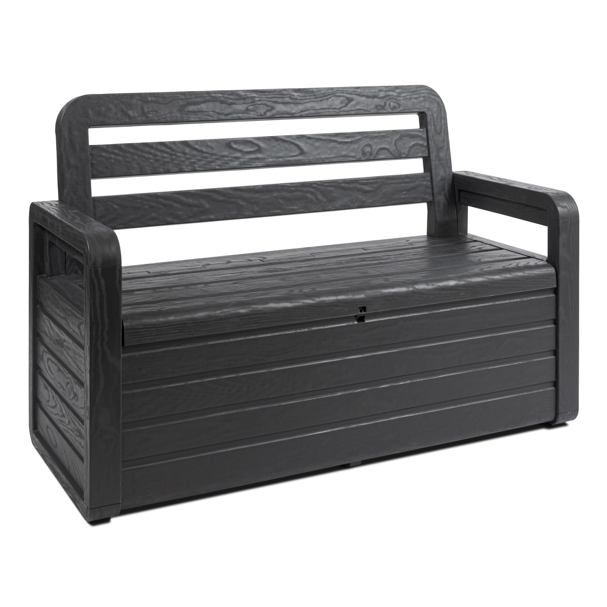 Toomax Foreverspring cassapanca da 270 litri con seduta per 2 persone, 132.5x58x89h cm panca da giardino effetto legno antracite in plastica resistente, resistente ai raggi UV, per esterni