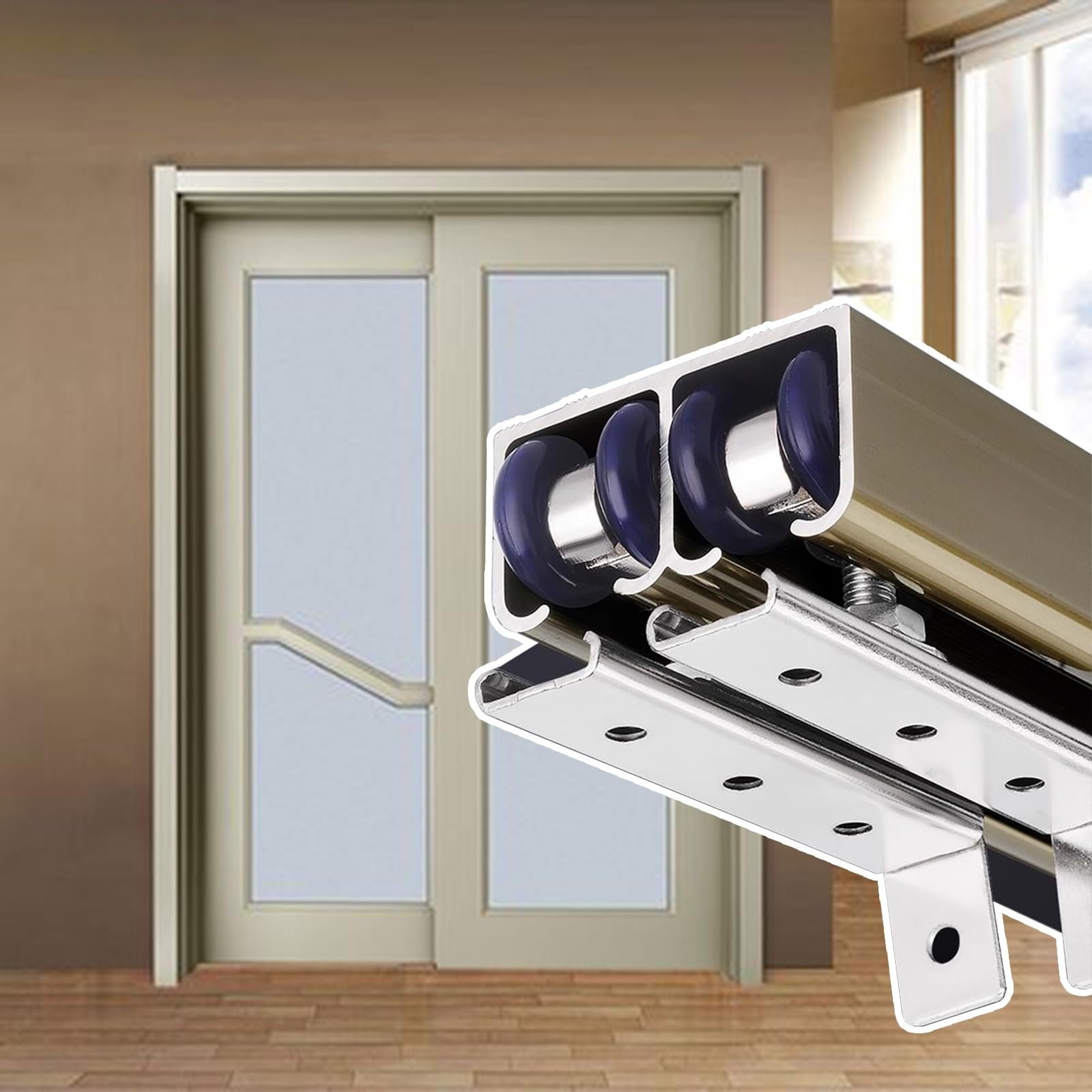 HWLL Sliding Door Kit Bypass Door Track Hardware Set, Double Doors Aluminum Box Rail Kit - Fit Door Thickness 3/4" to 1", Study Room Kitchen Closet Door Guide(Brown,48inch/122cm)