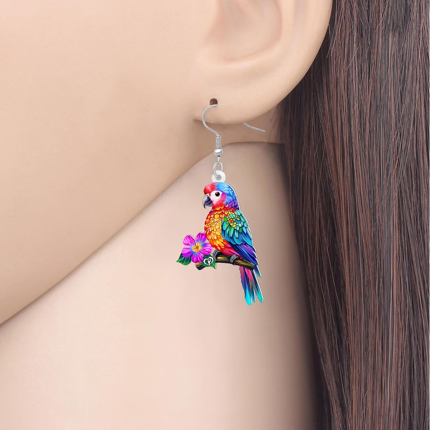 DUOWEI Acrylic Cute Hawaiian Tropical Parrot Bird Dangle Earrings Gifts for Women Mom Bird Lovers, Funny Birds with Flowers Dangling Earrings Spring Summer Jewelry Accessories image 2