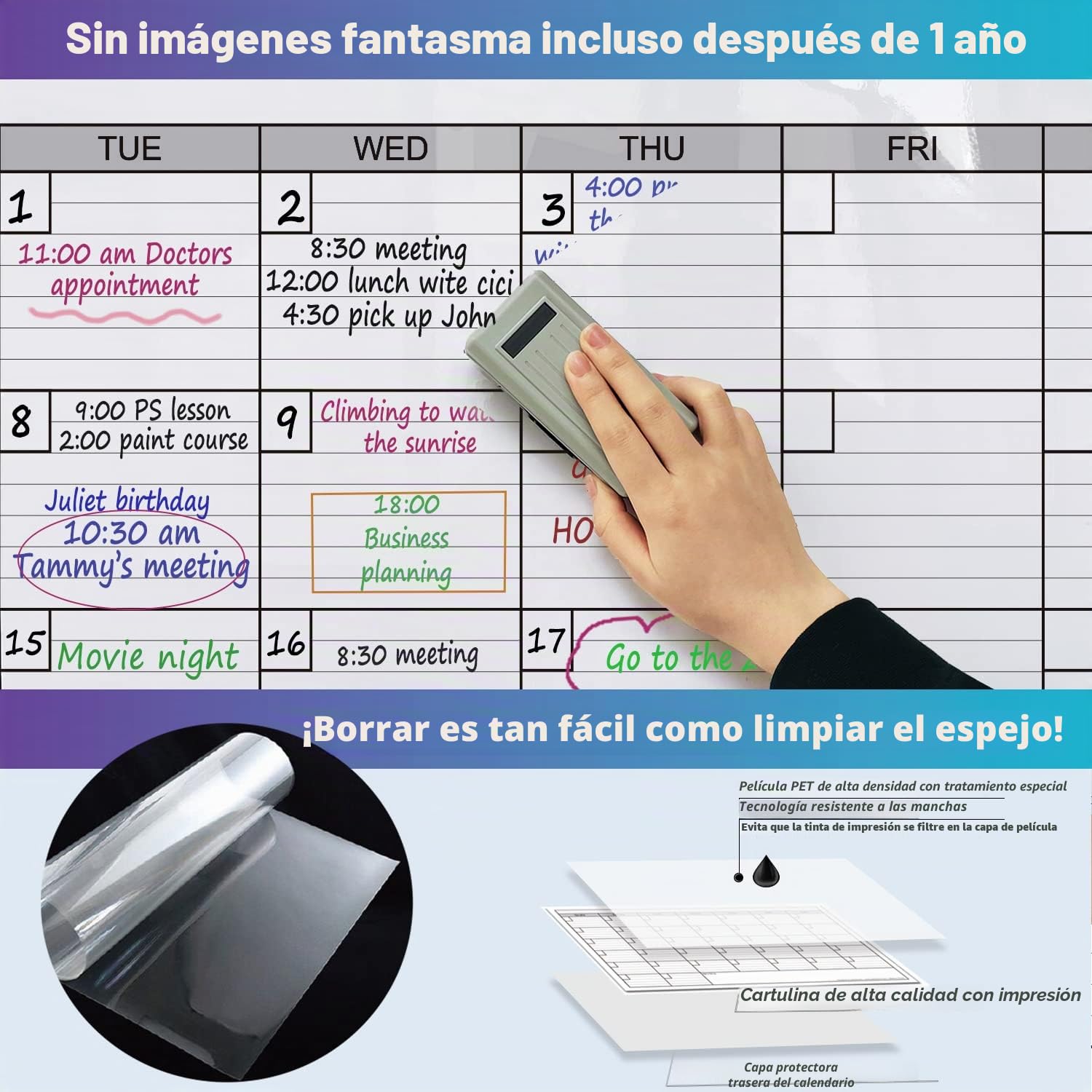 Jumbo laminado mensual de borrado en seco Calendario de pared, 91,44 cm por x48-inch | Pizarra blanca laminada extra grande borrable de un mes, póster gigante de 30 días para oficina y familia