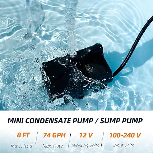 Miniatura 3 de Bomba de sumidero pequeña automática con sensor de agua, elevación de 8 pies, 74 GPH con tubo de 6 pies, mini bomba de eliminación de condensado