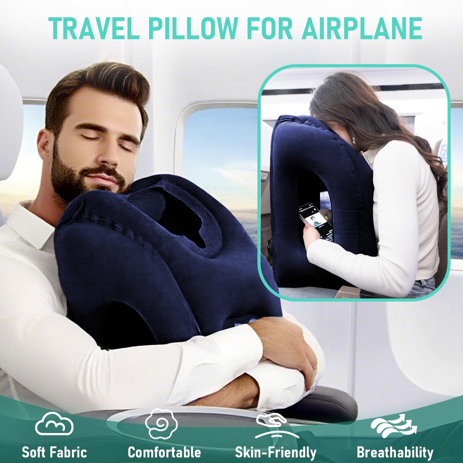 Confezione da 2 cuscini gonfiabili da viaggio per aereo, cuscino per dormire per alleviare il dolore al collo e alle spalle, cuscino gonfiabile per lunghi voli, utilizzato per aereo, auto, ufficio