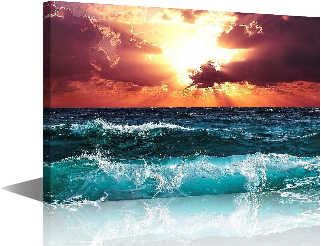 Wall Art Sea Waves Canvas Prints Wall Art Ocean Beach Pictures Paintings for Living Room Bedroom Office Home Decorations Modern Stretched and Framed Seascape Giclee Artwork Ready to Hang 18X12in