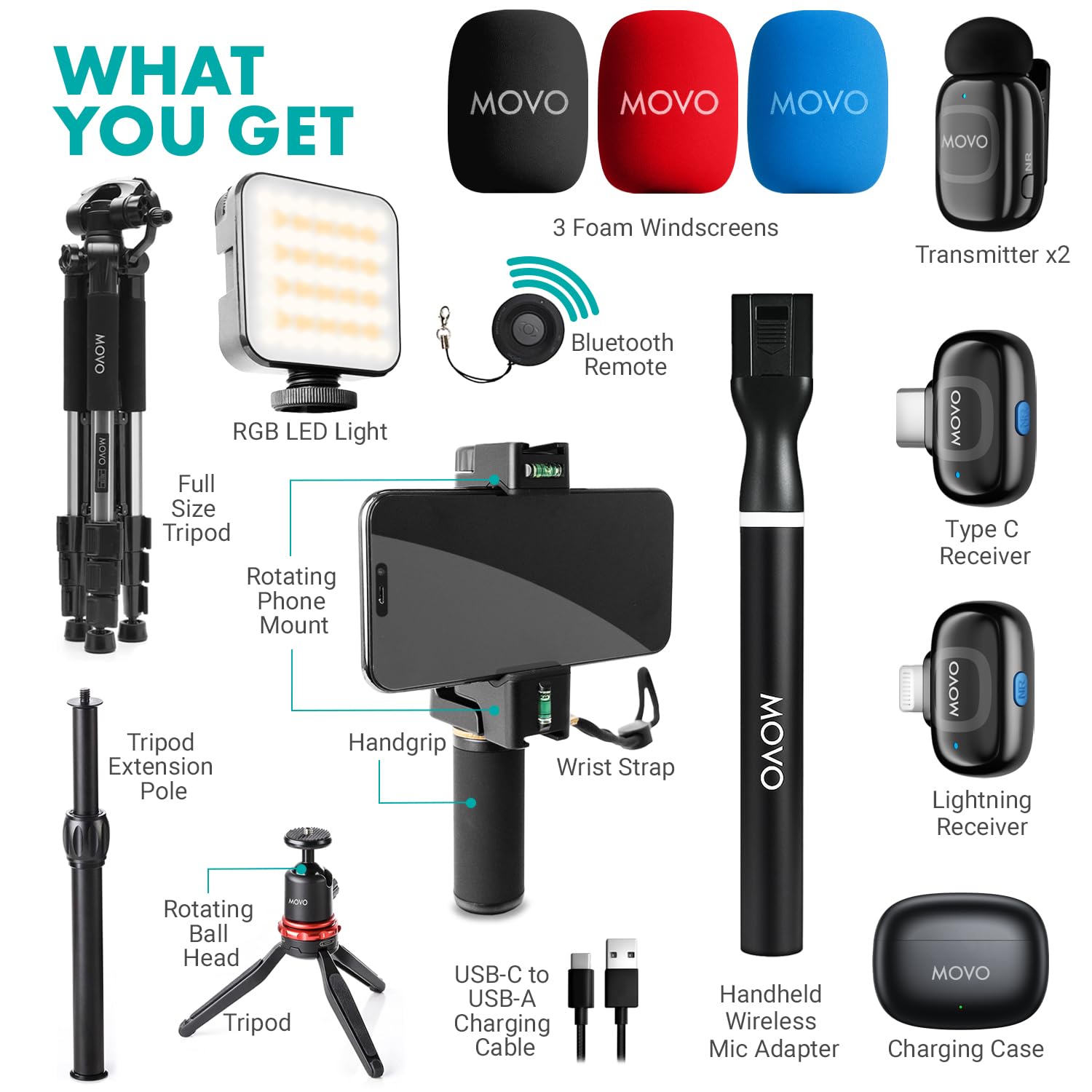 Movo iVlogger-PRO - Kit wireless per vlogging per iPhone/Android con treppiede full size, kit di base YouTube con microfono wireless, treppiede, luce LED per creatori di contenuti