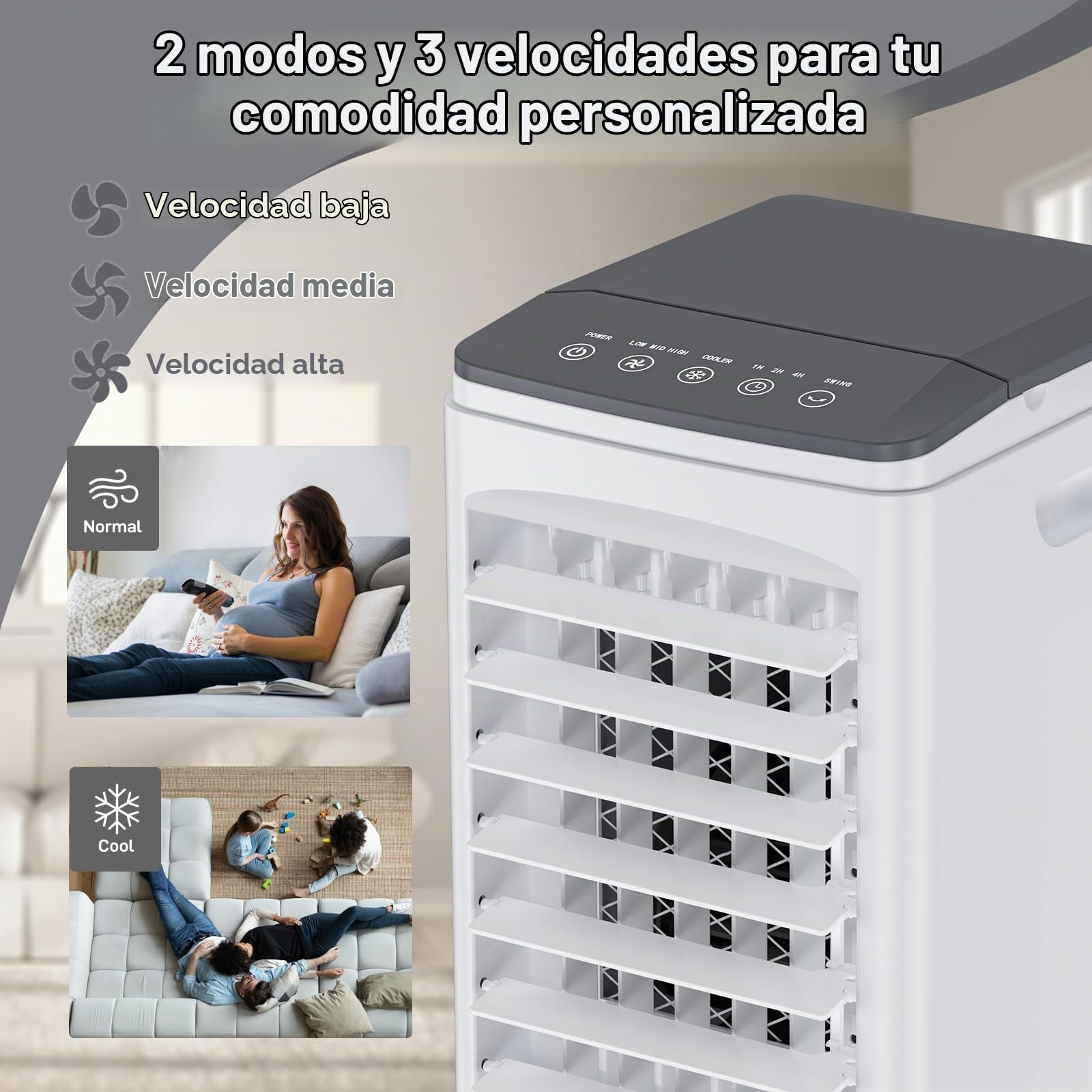 Enfriador de Aire Grande, Aire Acondicionado Portátil Silencioso, 4 en 1 Climatizador Evaporativo 5.5 L Tanque,Temporizador de 1-7 H, 2 Modos 3 Velocidades, Ruedas, Control Remoto para Hogar Oficina