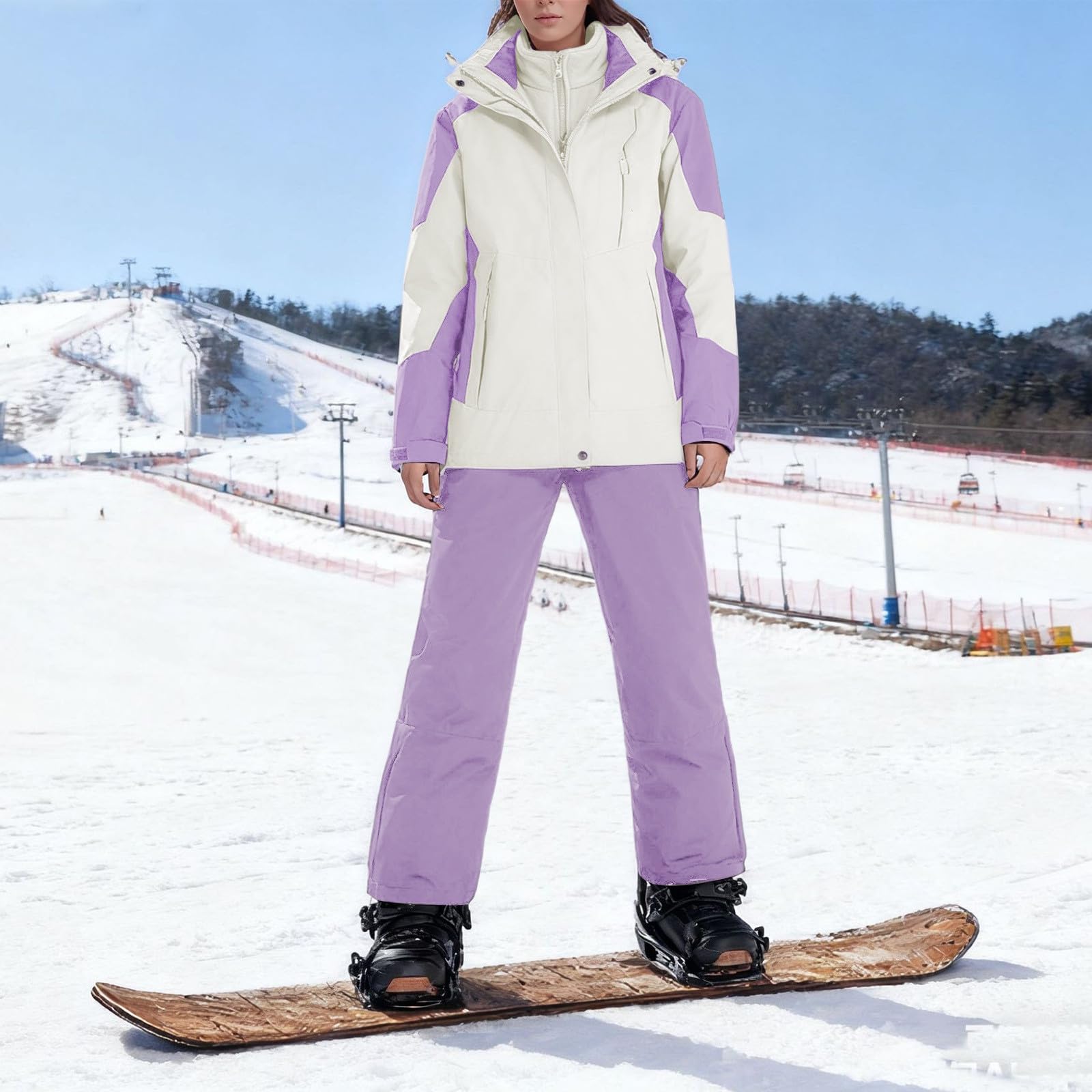 Generisch Damen Skianzug Winddicht Schneeanzug Langarm Ski Jacke mit Kapuze und Winterhose Bekleidungsset Ski Anzug Verdicken Schneemantel Schneehose 2-teiliges Sett, zum Skifahren und Winter