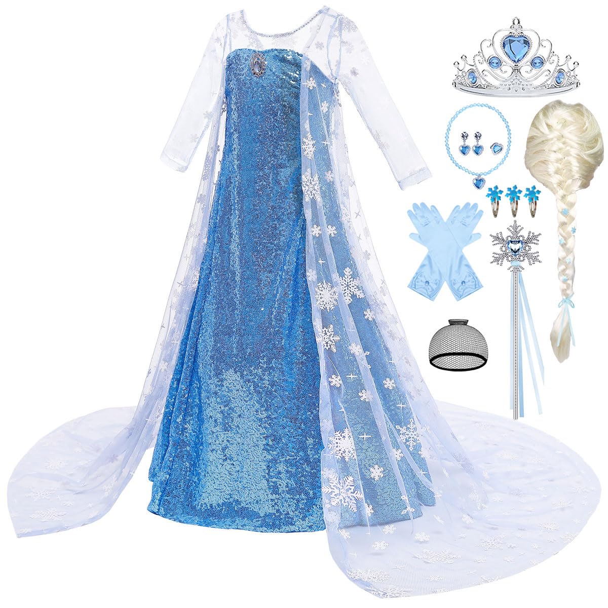 Vicloon Elsa jurk, Elsa-kostuum voor meisjes, met diadeem en toverstaf, meisjeskostuum, Kerstmis, Halloween, verkleedpartij, carnaval, cosplay, verjaardag, partyjurk