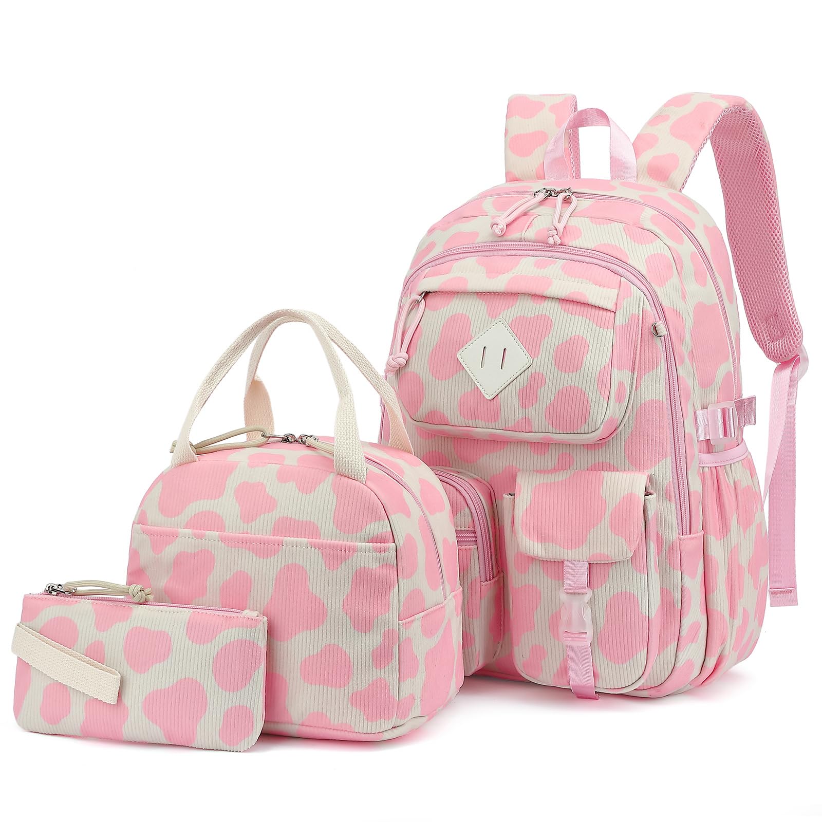Lrenagao 3Pcs Corduroy School Backpack for Girls, Kids Large Capacity School Bag Bookbags Set with Lunch Box and Pencil Bag (Corduroy Cow Print Pink)