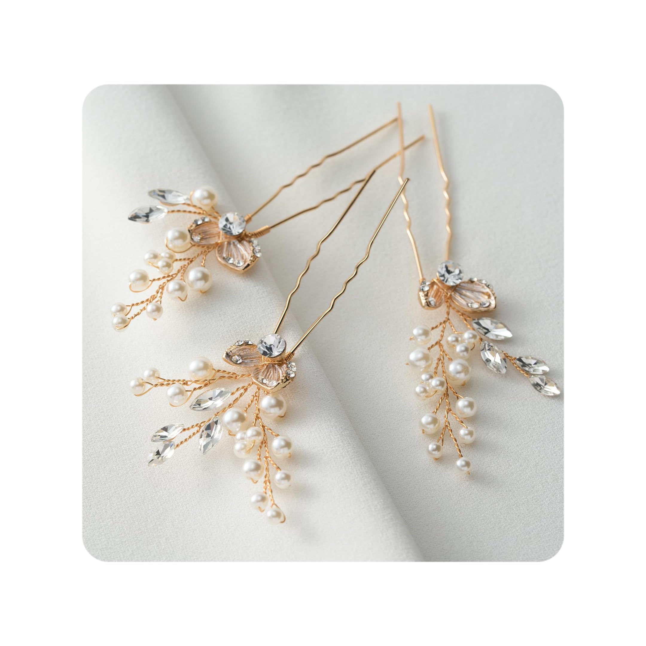 SWEETV Hair Pins, 3Pcs Bridal Hair Accessories Pearl Bride Wedding Hair Pins Leaf Bridal Head Piece Rhinestones Gold Hair Jewelry for Women and Girls