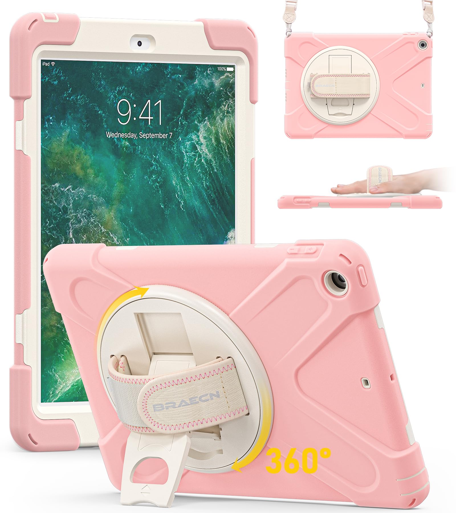 BRAECN - Custodia protettiva antiurto per iPad di 6a generazione, per bambini, con tracolla, per Apple iPad 6/5a generazione 2018/2017 A1893/A1954/A1822/A1823-Sakura, colore: Rosa
