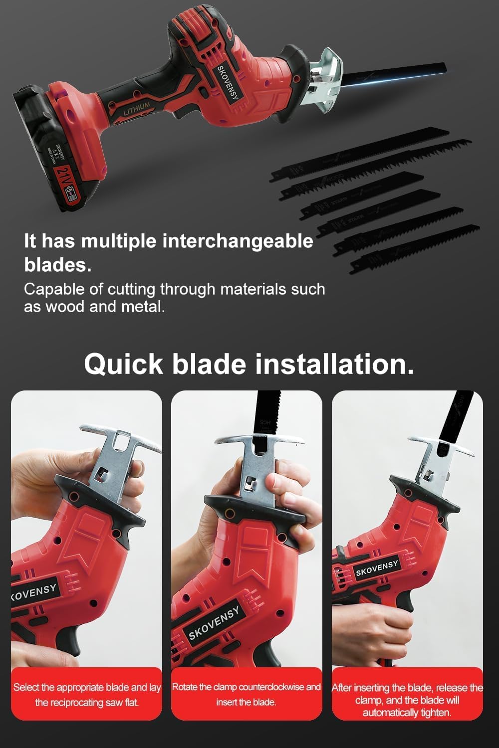 Cordless Reciprocating Saw, 2 x 2.0Ah Battery, Cordless Variable Speed, Blades Kit for Wood/Metal/PVC Cutting RED-A