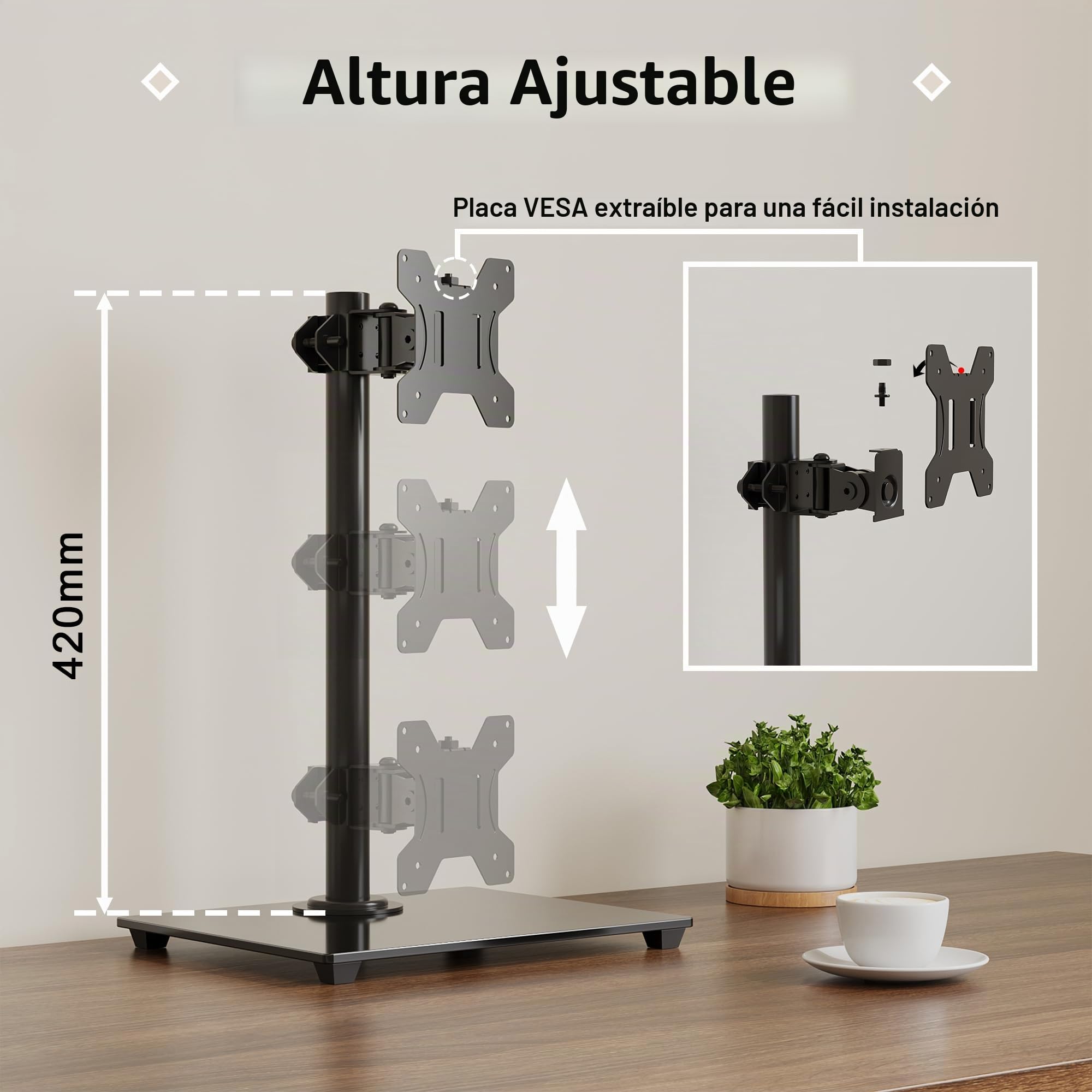 BONTEC Soporte Monitor de Brazo Único para Pantalla de 13-32 ”, Soporte Monitor Escritorio con Giro e Inclinación, Altura Ajustable, hasta10 kg, VESA 75/100 mm, Base de Vidrio Templado, para Oficina