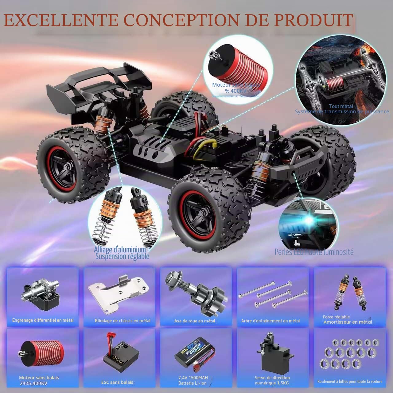 Herenear Voiture Télécommandée, 60+ km/h, 1:18 4WD Voiture Telecommandé Tout Terrain, 2,4 GHz Télécommandes, 50 Min d'Autonomie, Voiture RC Electrique Jouet pour Adultes et Enfants