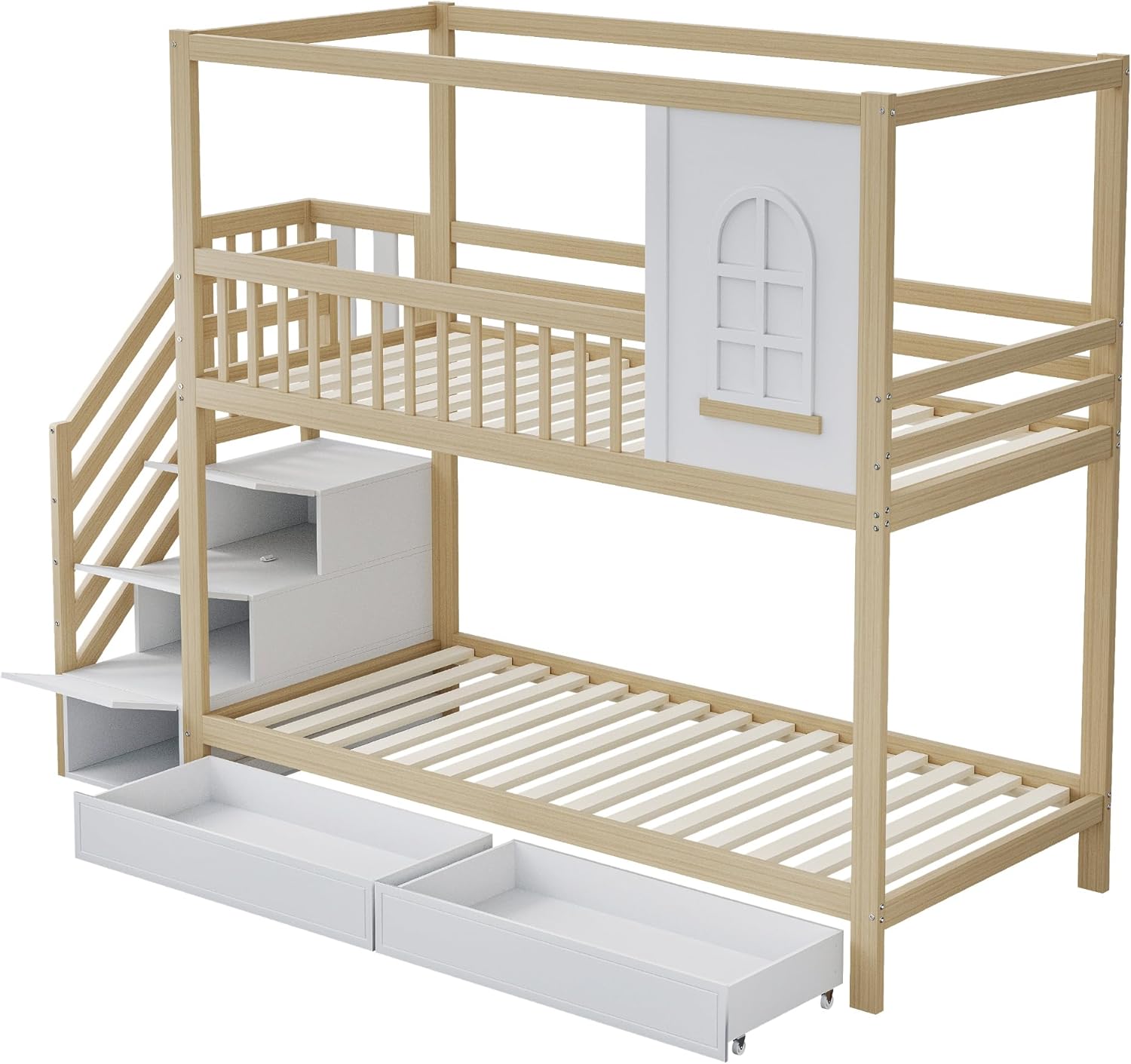 Explotat view of the Moimhear Bunk Bed showing individual components like the bed frame, ladder with storage, and under-bed drawers.