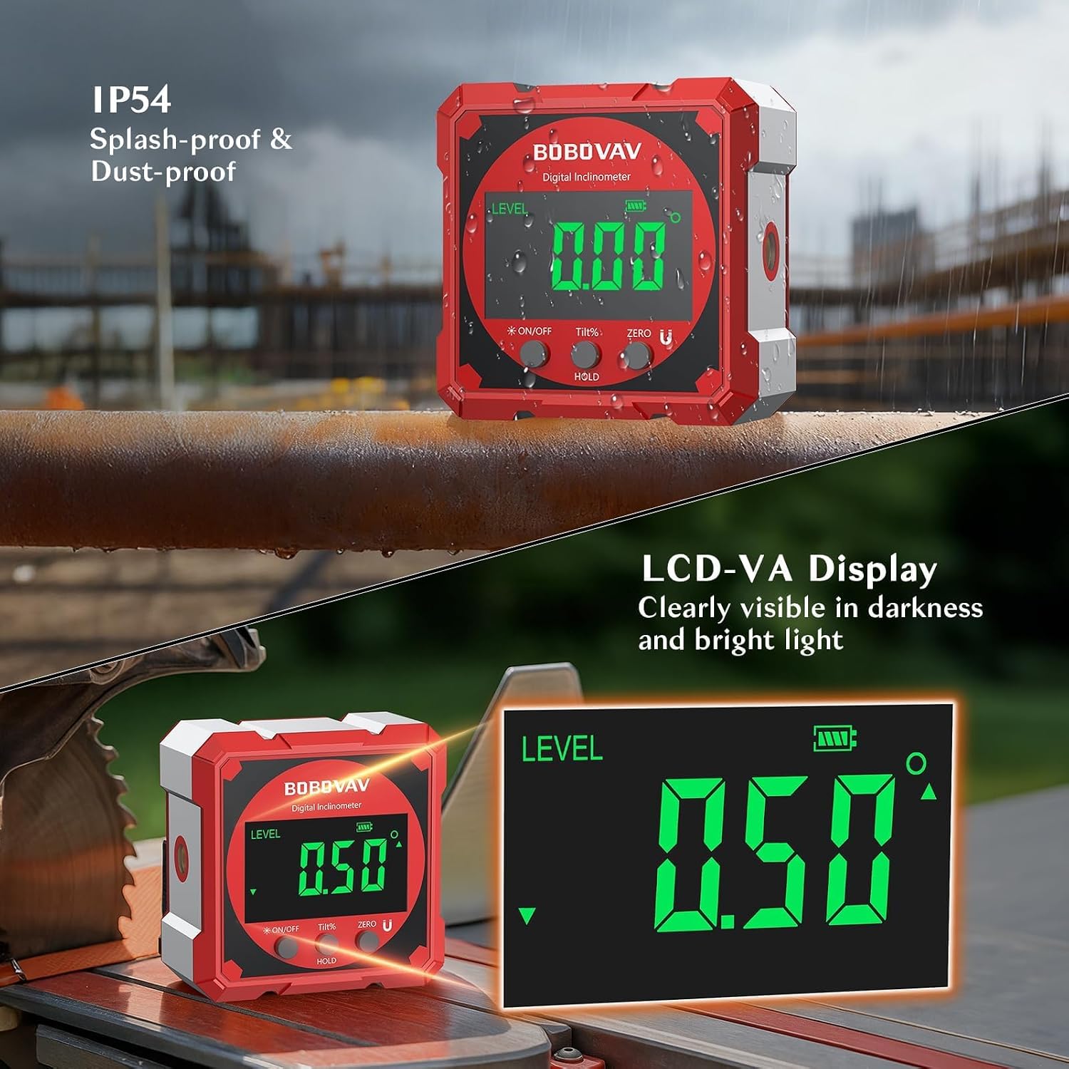 4-side Magnetic Digital Angle Gauge with Laser(Class 2, ＜1mW Output), 4 * 90° Rechargeable Electronic Inclinometer Protractor Level Gauge for Woodworking Tablesaw- Red image 5