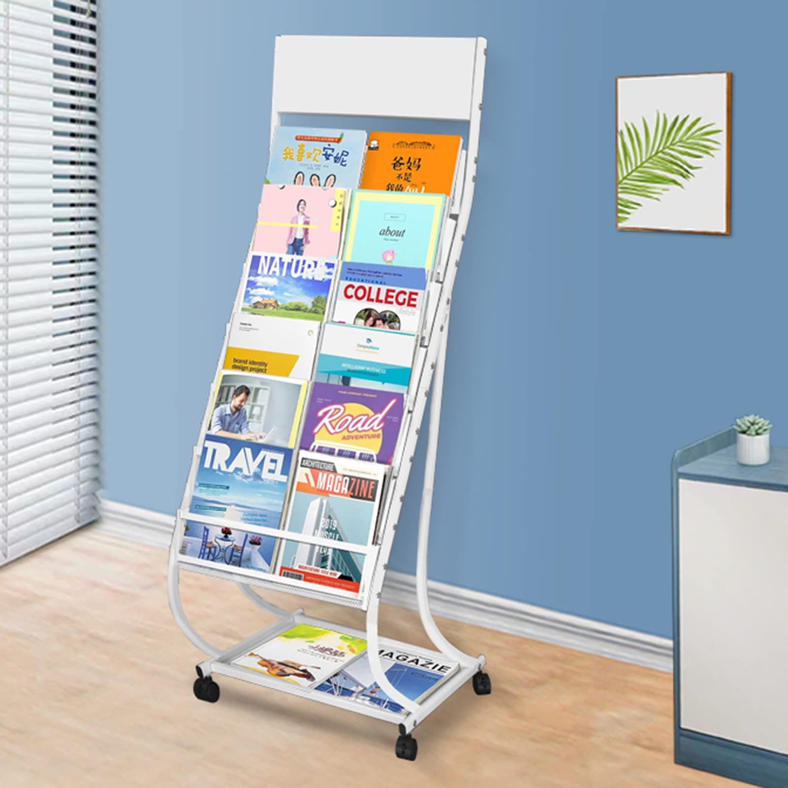 Zeitschriftenhalter Metall Posterständer mit Rädern, Einzigartiger Prospektständer mit 7 Taschen, für Bankhalle/Bibliotheken/Ausstellung/Lobby (Color : White)