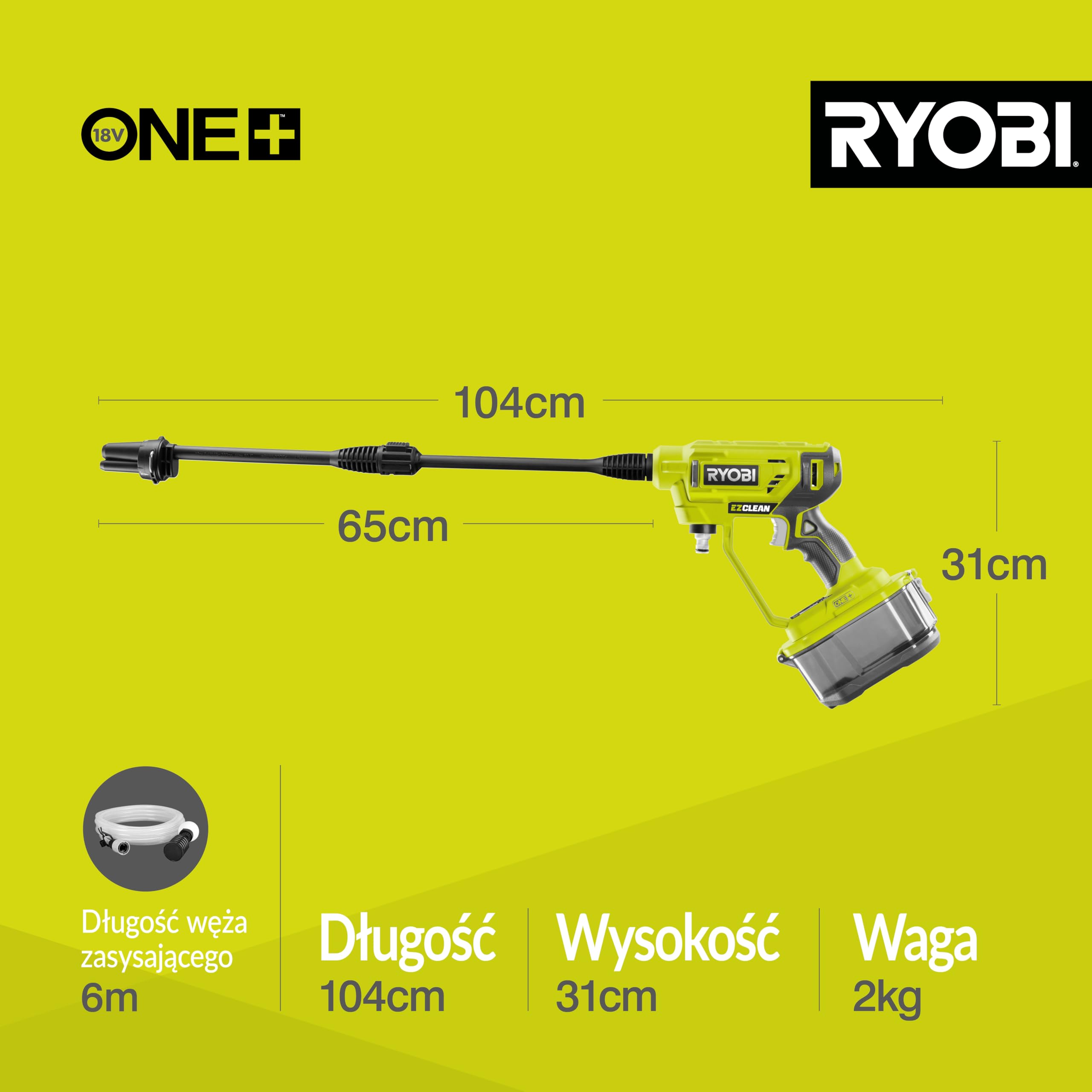 Ryobi Myjka ciśnieniowa, RY18PW22A-125, ciśnienie 22 bary, przepływ wody do 182L na godzinę, dysza 3 w 1, wąż 6 m z sitkiem i filtrem, w zestawie: 1 akumulator litowo-jonowy 2,5 Ah oraz ładowarka
