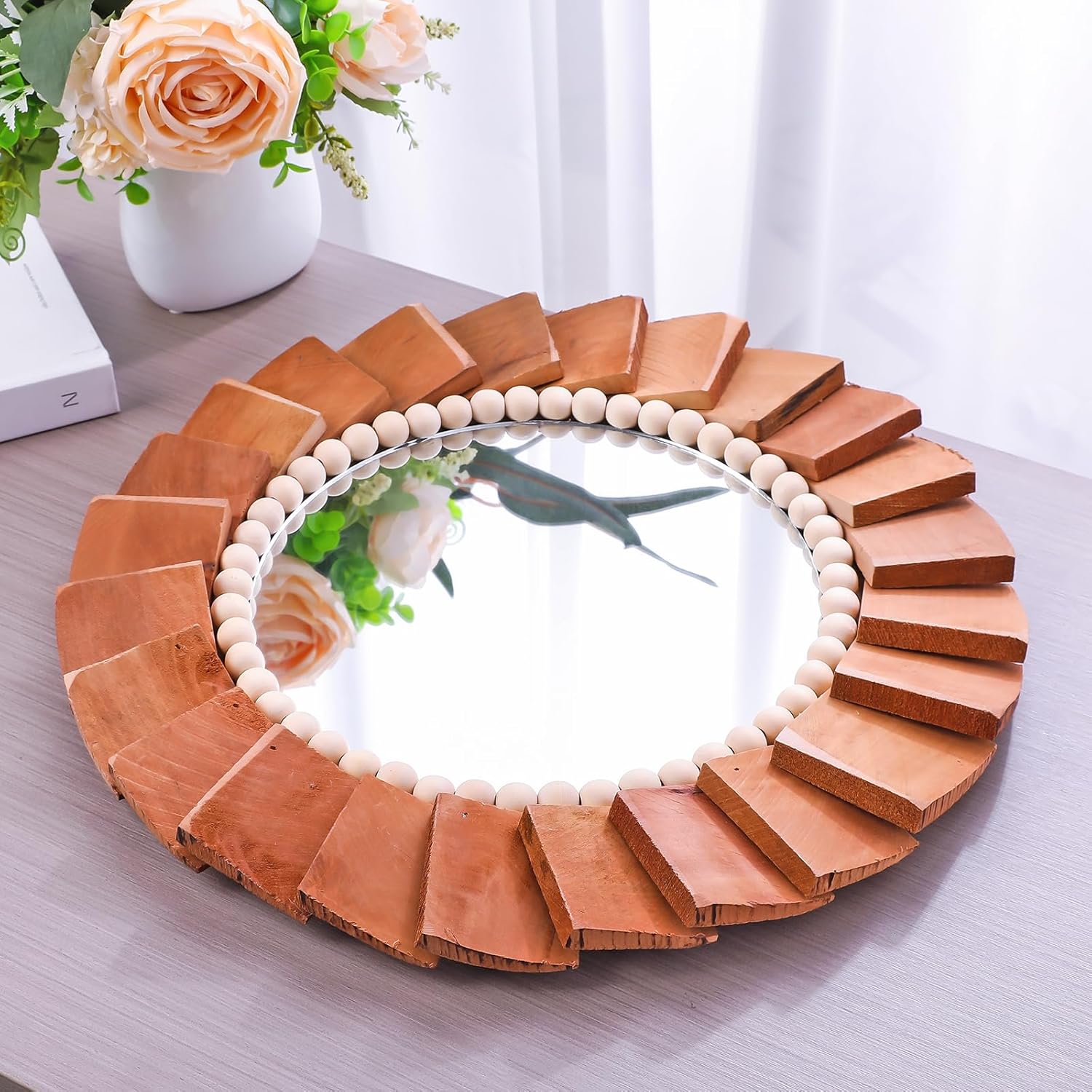 SWTHONY 15inch Small Round Wall Mirror, Rustic Farmhouse Decorative Hanging Wooden Circle Mirror for Nursery, Living Room, Bedroom, Entryway