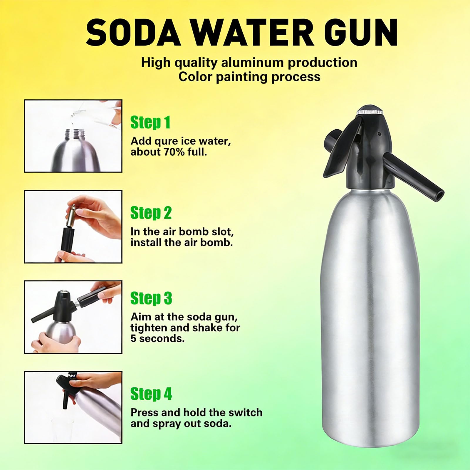 Sprudelwasserbereiter, DIY Kohlensäure-Soda-Maker für hausgemachte Getränke, 1 l Aluminium-Sprinkler für Säfte, Mojitos und Cocktails