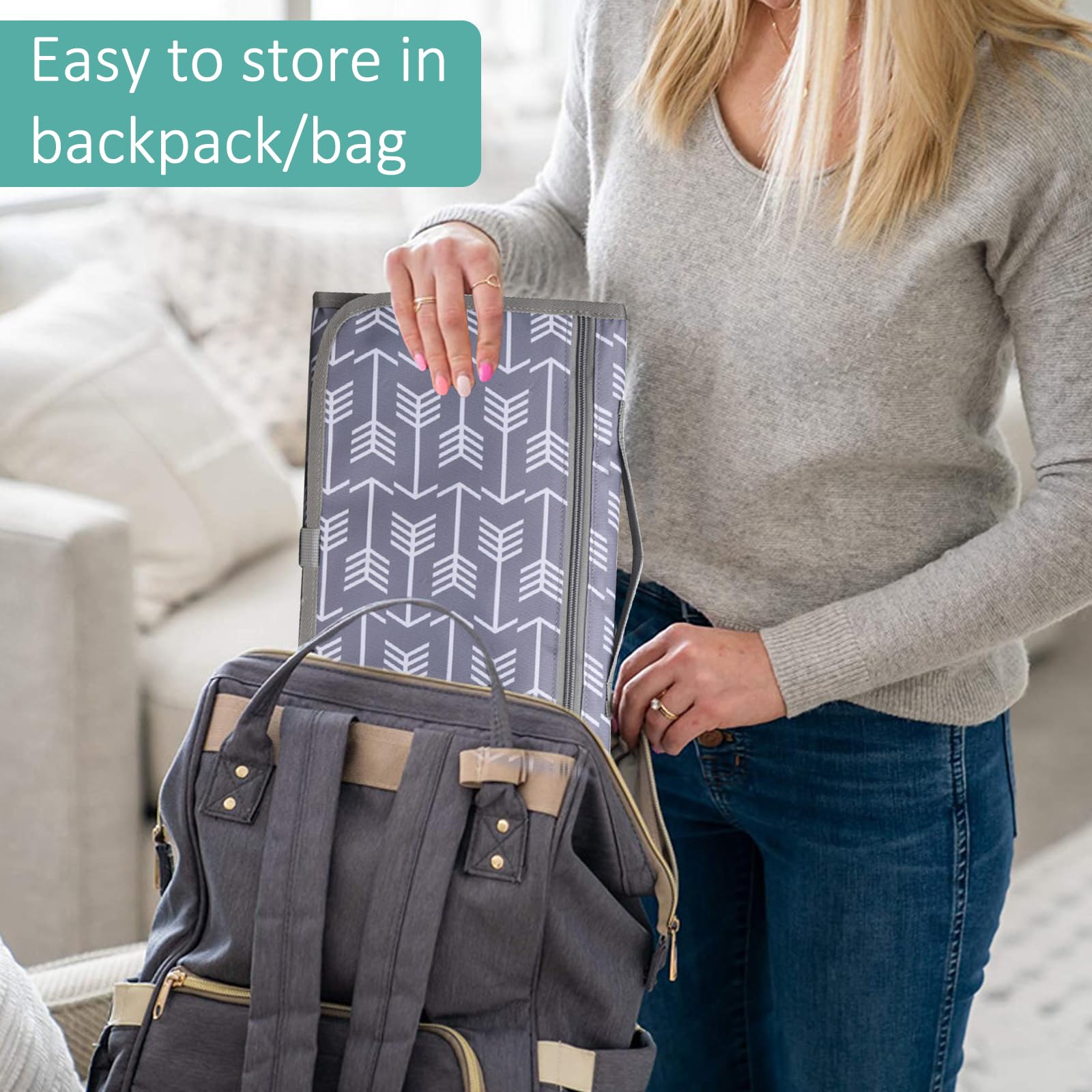 Cambiador portátil, cambiador portátil plegable e impermeable, dispensador de toallas y un cómodo cojín, reutilizable, lavable a máquina, viaje y regalo bautizo (gris)