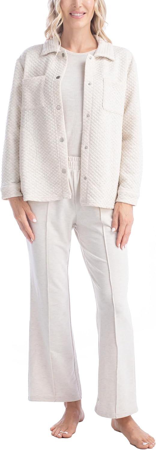 MUK LUKS Quilted Shacket 3 Piece Lounge Set, Long Sleeve T-Shirt, Pajama Pants with Pockets, Matching Jacket