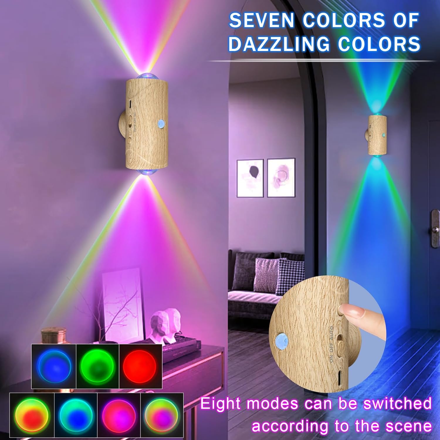 Image showing the night light displaying various colors and the button for switching modes.