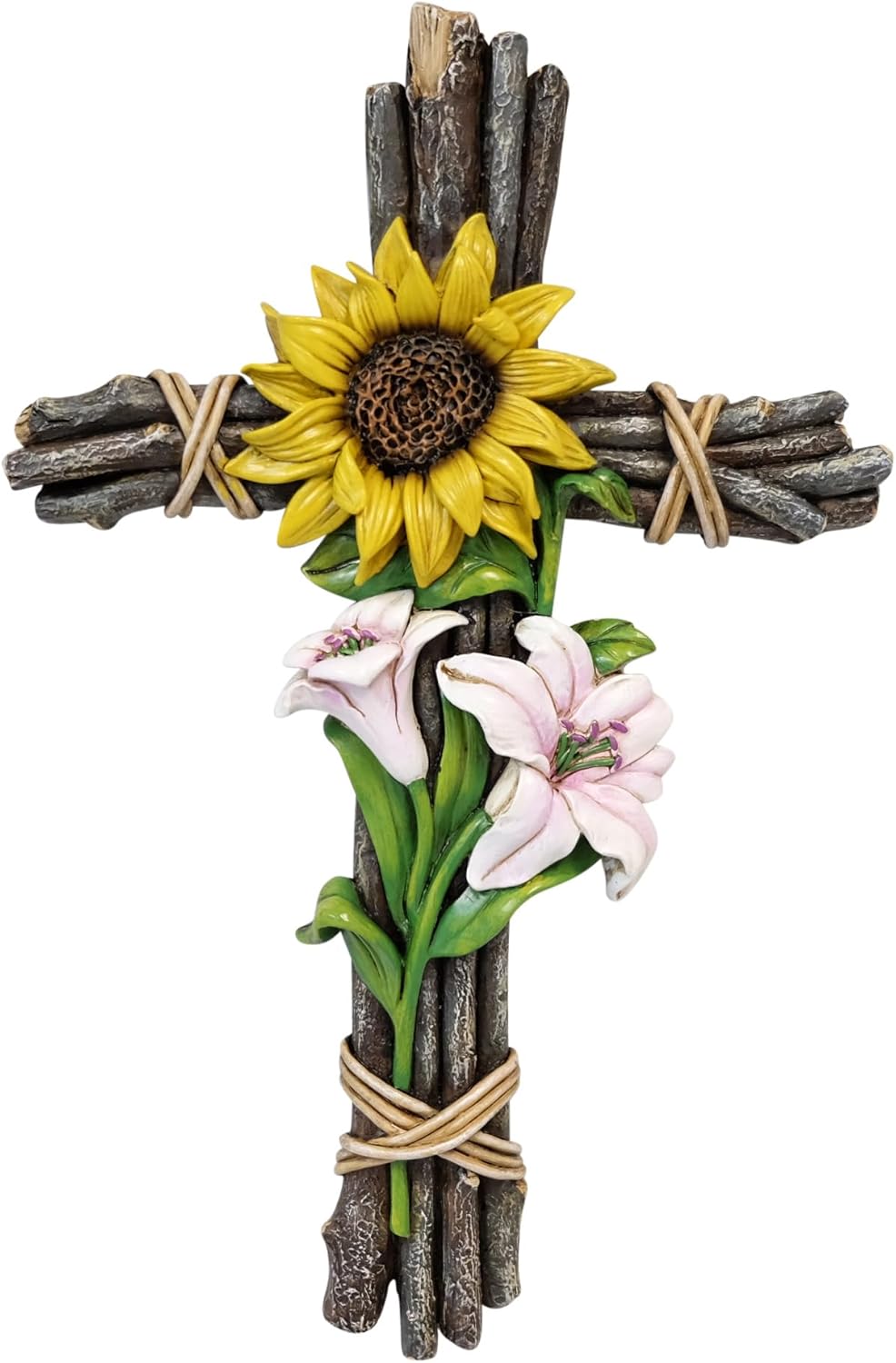 De Leon Collections 14131 Sunflower Floral Spring Flower Yellow, Pink, Brown 11.75 Inch Polyresin Wood Look Branch Decorative Home Décor Hanging Sculpture Wall Cross
