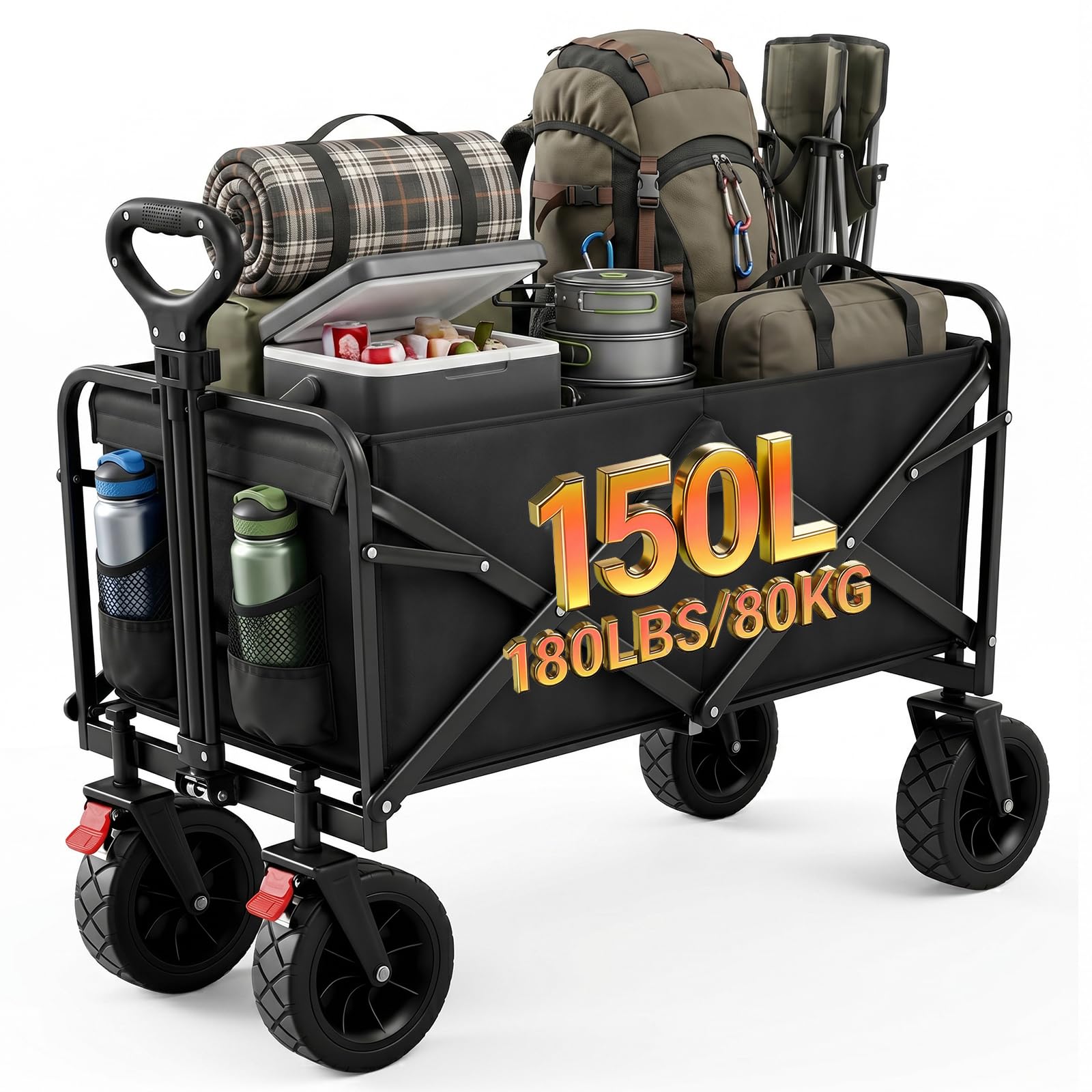 Palawano 150L Chariot Pliable à roulettes, Chariot Pliant de Transport Tout Terrain pour Camping Plage et Jardin, Chariot de Peche avec Freins et Poignée Réglable