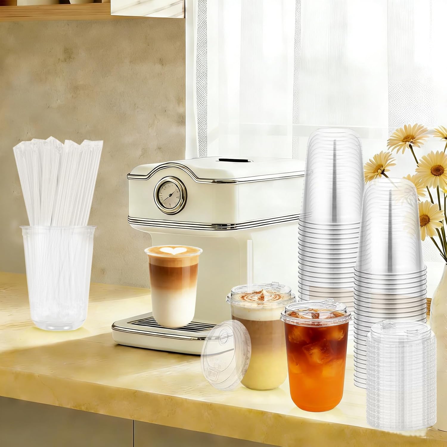 100 Sets Clear Plastic Coffee Cups with Lids and Straws, 16 oz Disposable PET Cups, BPA Free, Round, for Cold Drinks (100, 16 oz)