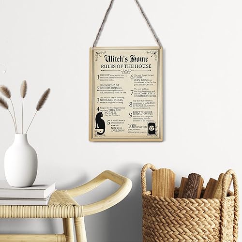Miniatura 4 de Letreros divertidos de arte de bruja, decoración de pared, placa de madera, reglas del hogar de la bruja de la casa, letrero colgante de madera para