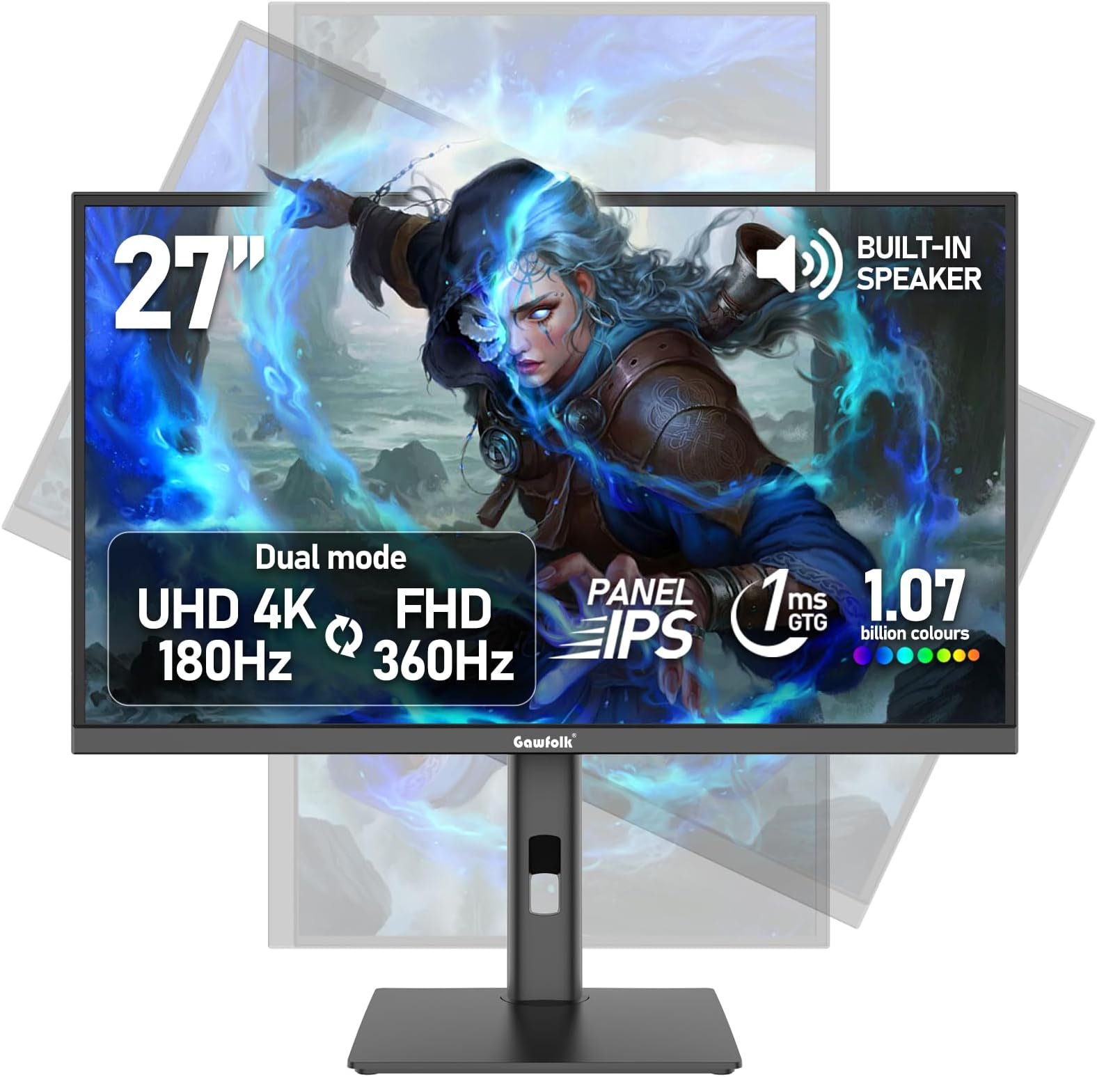 Gawfolk 27 inch IPS Gaming Computer Monitor, UHD 3840x2160 4K 180Hz / FHD 360Hz Dual Mode PC Screen, 1.07 billion colours, Adaptive Sync, Height Adjustable,Built-in speaker, HDMI 2.1 & DP1.4,Black: image 1 of 8