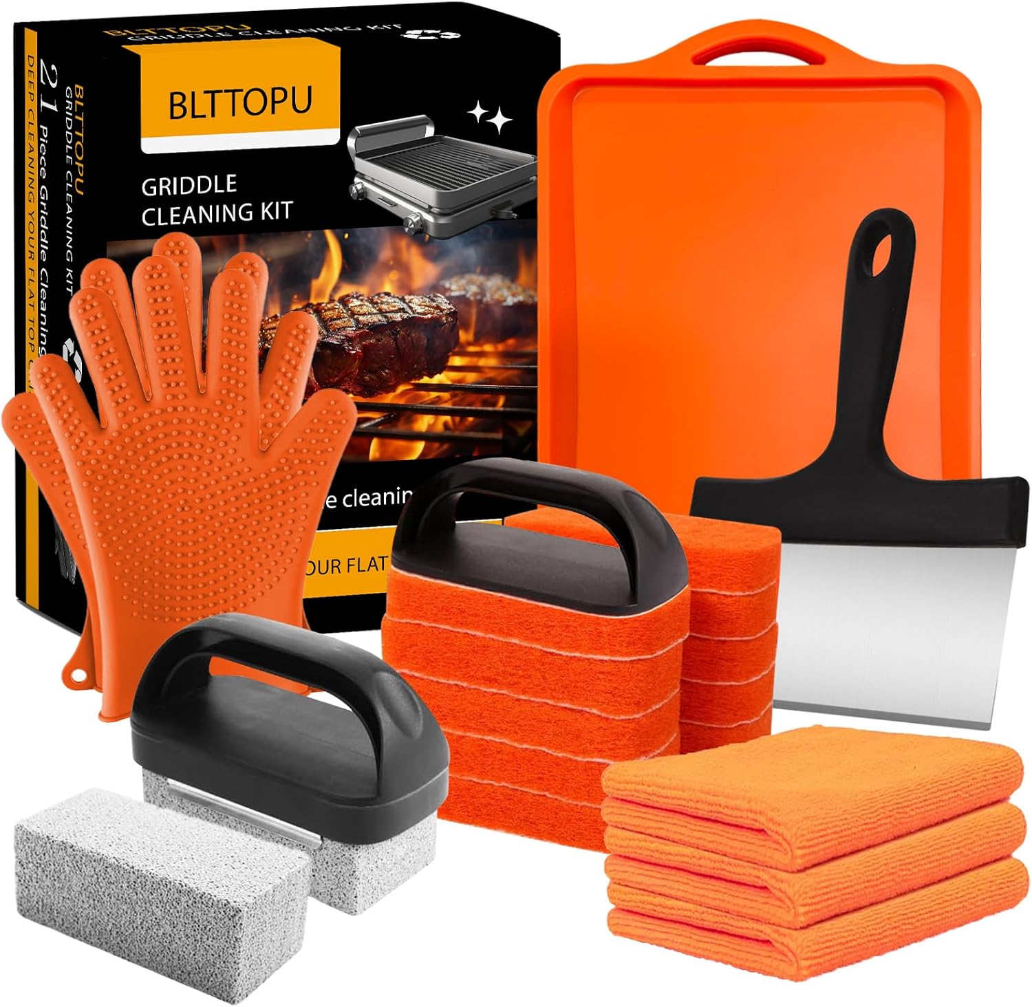 21 Pieces Griddle Cleaning Kit for Blackstone, Flat Top Grill Cleaning Accessories with Silicone Spatula Mat, Scraper, Grill Stone & Scouring Pads with Handle, Cleaning Gloves, Cleaning Towel