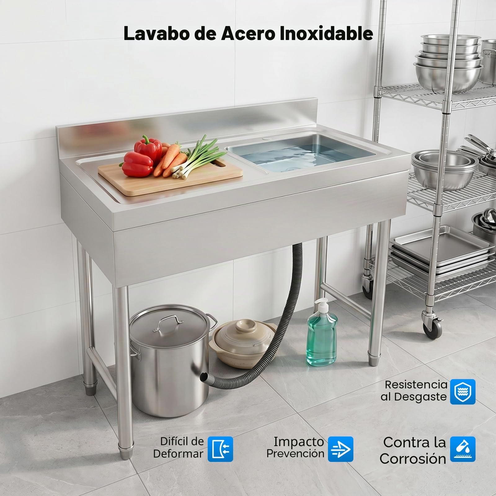 Fregadero Comercial de Acero Inoxidable, 100x50x80cm, Exterior Jardin y Cocina, con Filtro de Tubo de Desagüe
