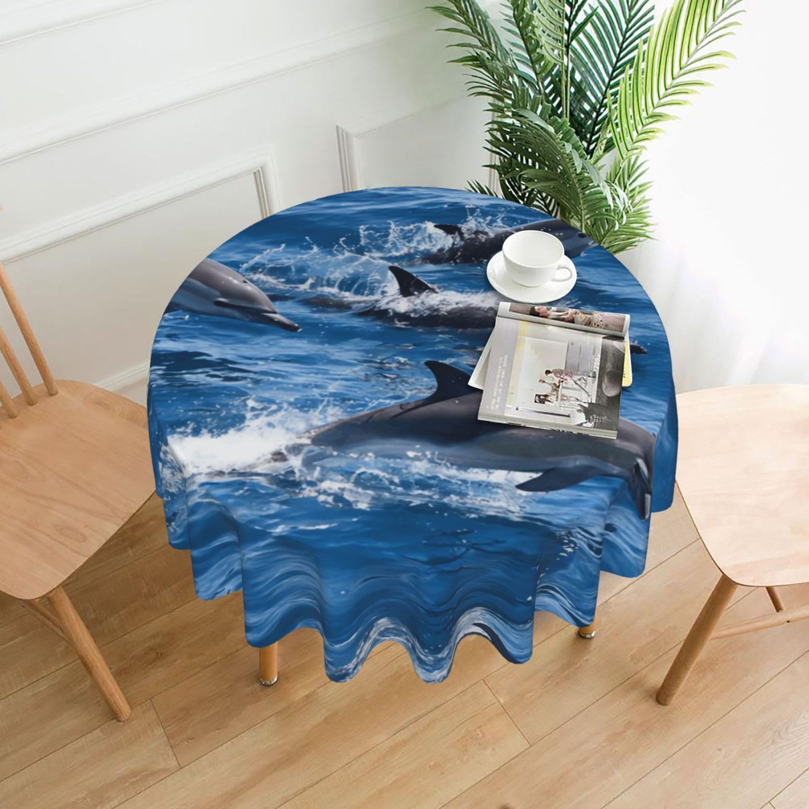 YYHWHJDE Dolphins In The Sea Prints Round Decorative Tablecloth 60in - High-Grade Polyester Throw for Elegant Dining & Festive Gatherings