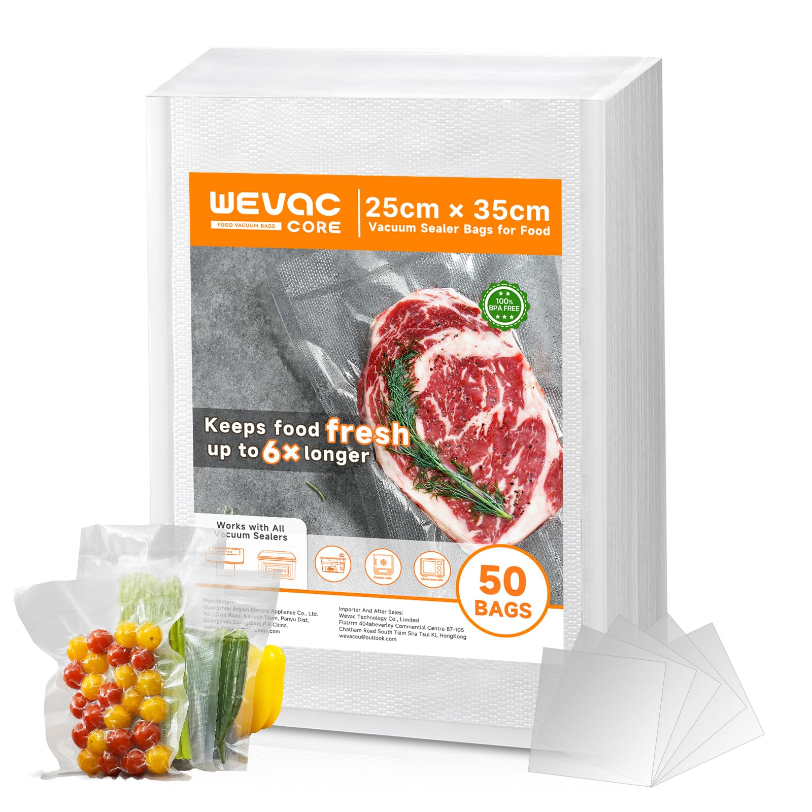 Wevac Core Food Vacuum Sealer Bags,25cmx35cm, Pack of 50 Vac Pack Bags, BPA Free, Heavy Duty, Pre-Cut Embossed Bags Great for Meal Prep and Sous Vide