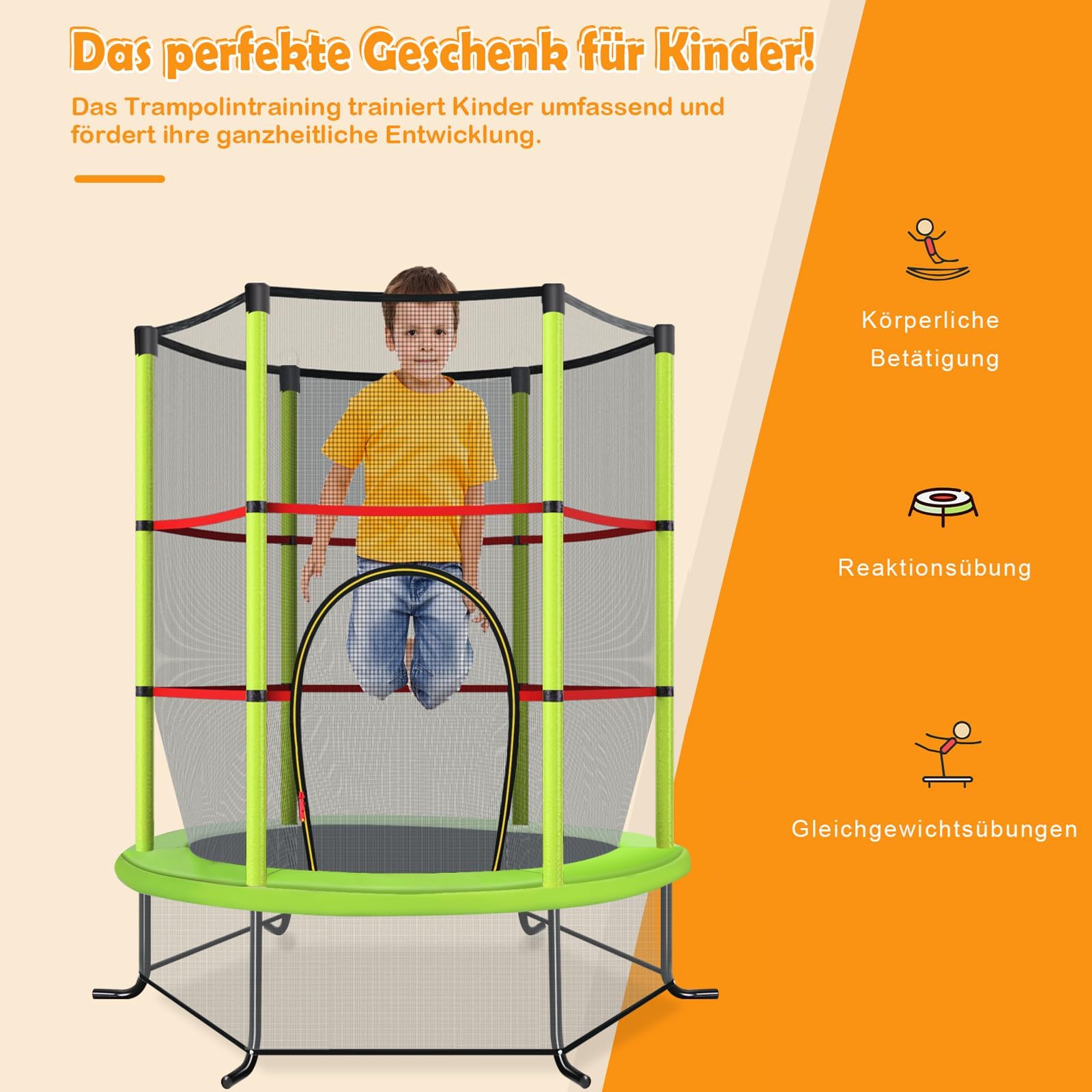 COSTWAY Ø165cm Gartentrampolin mit Sicherheitsnetz, Trampolin bis 135KG belastbar, Indoor-/Outdoortrampolin für Kinder ab 3 Jahre
