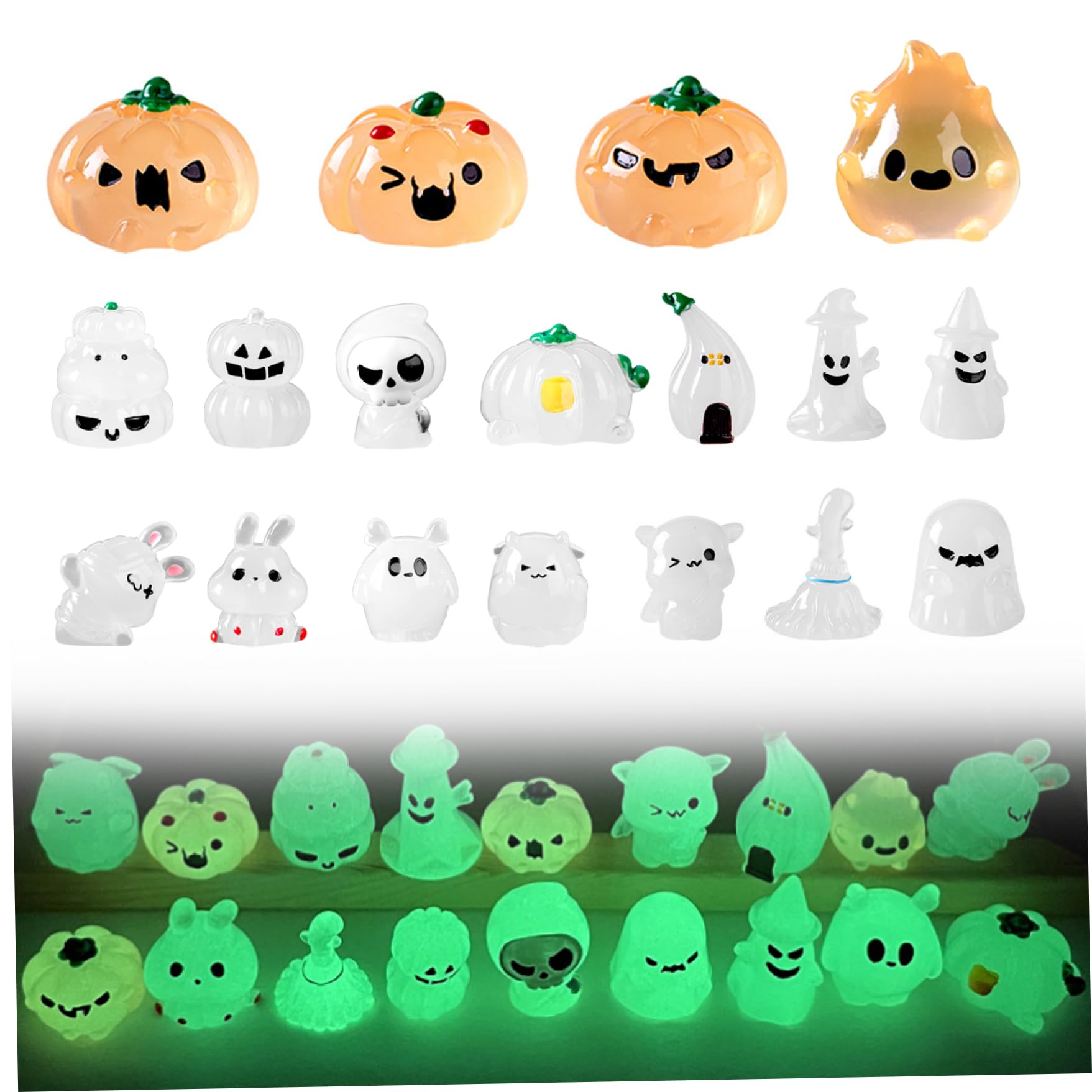 Pesoncarl Halloween Decorations, Halloween Miniatures 18Pcs Mini Village Accessories Pumpkin Mummy Rabbit Ghost Glow in The Dark Resin Mini Figurine Decor for DIY Crafts Dollhouse
