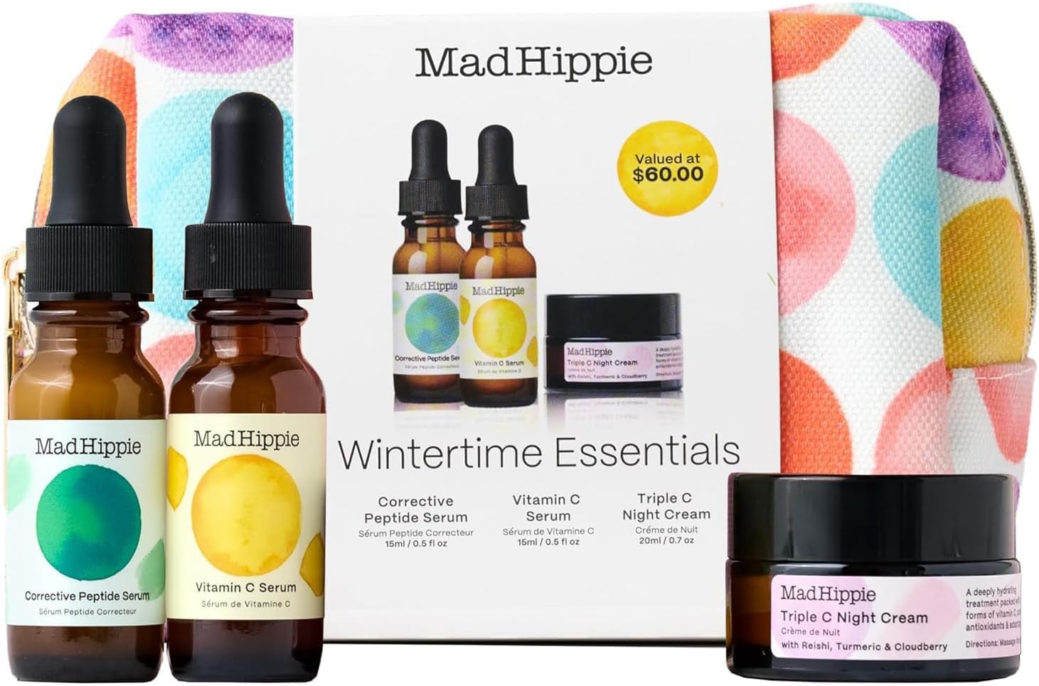 Wintertime Essentials Travel-Size Skin Care Kit – Vitamin C Serum, Corrective Peptide Serum, Triple C Night Cream (0.5 Oz Ea) in a 100% Recycled Cosmetics Bag + 3 Assorted Sachets