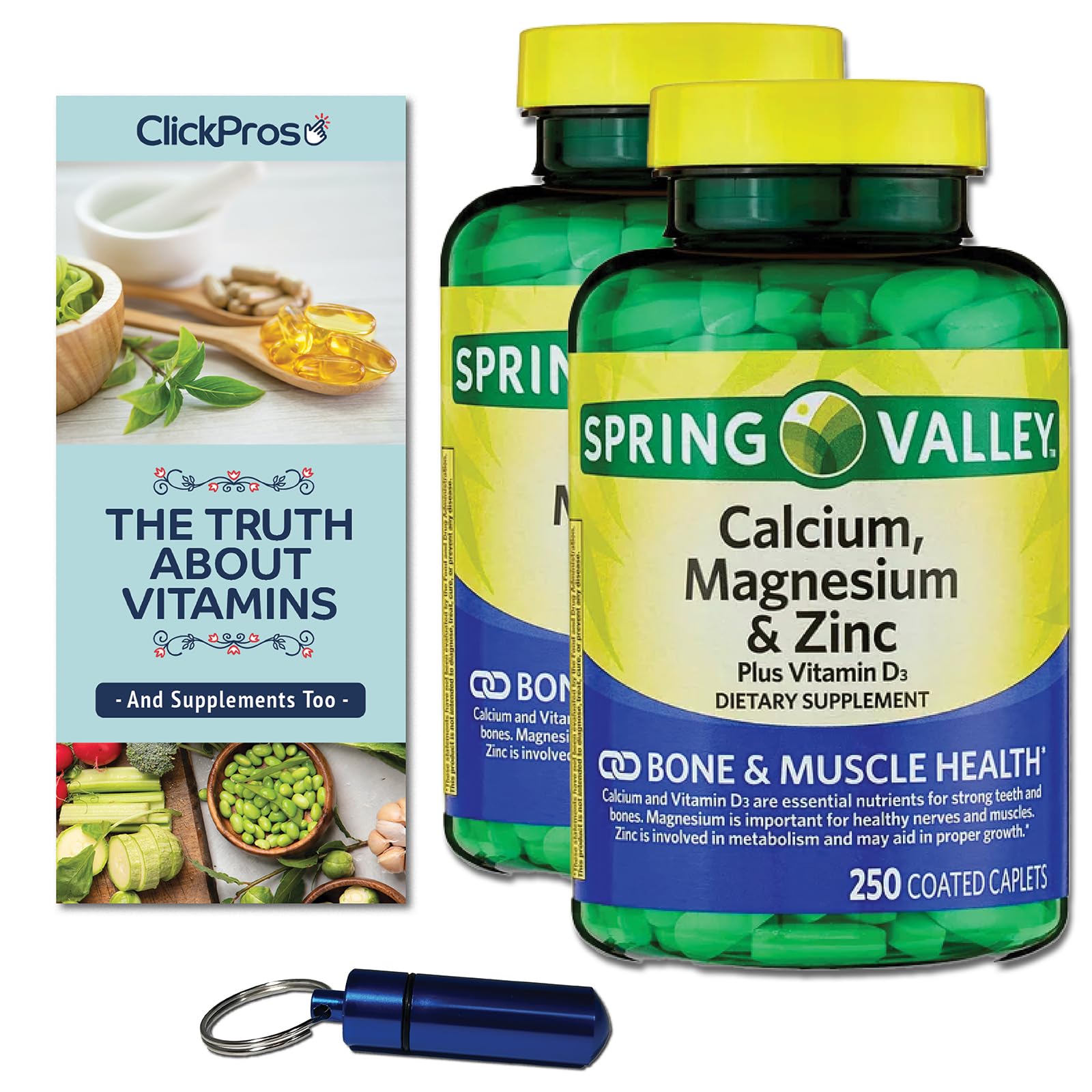 Spring Valley Calcium Magnesium Zinc + Vitamin D3 Caplets 250 mg 250 Ct 2 Pack Bundle (500 Total) I Includes Exclusive The Truth About Vitamins Guide and Pill Container (4 Items)!