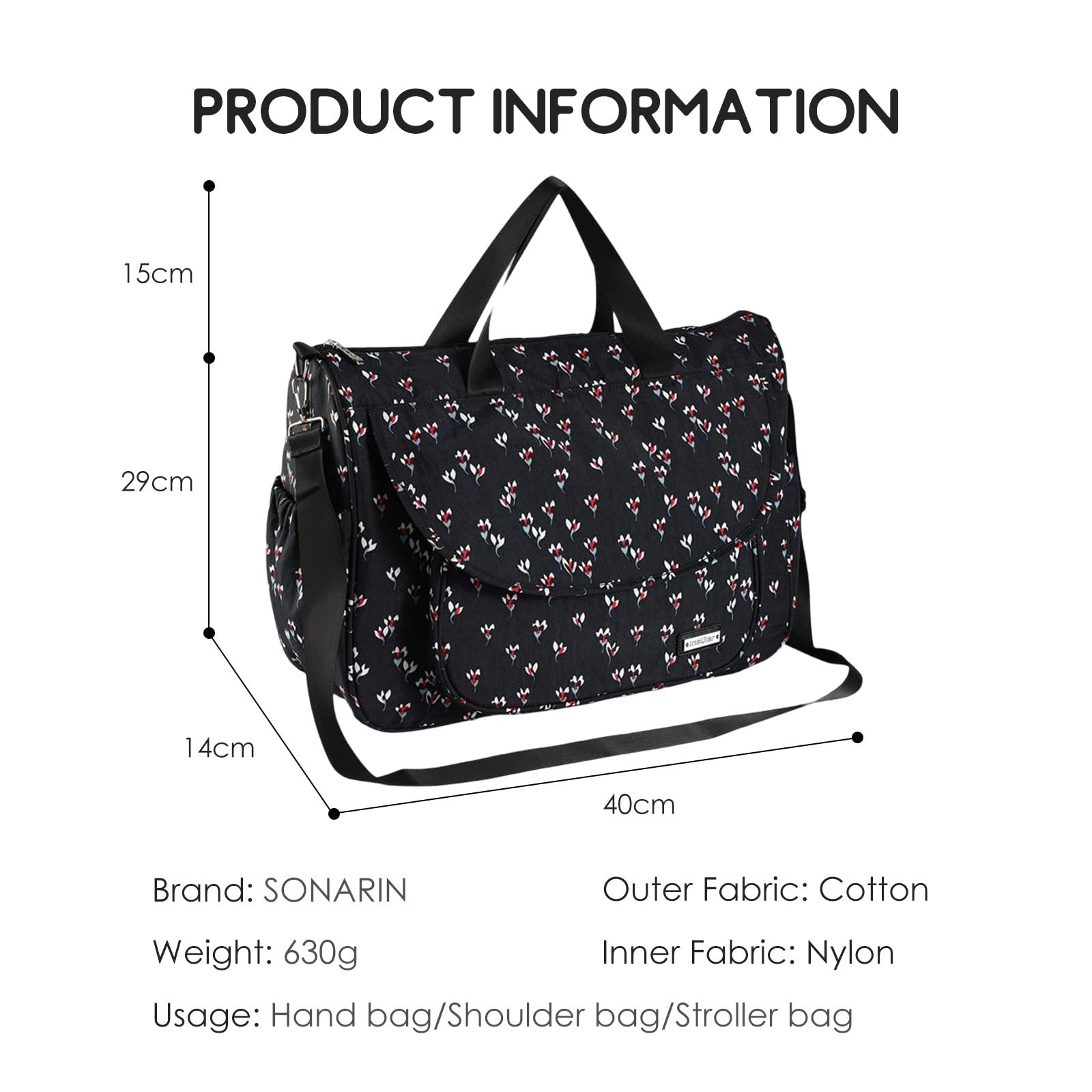 SONARIN Multifunktionale Baby Wickeltasche,Wasserdicht Reise Wickeltasche Umhängetasche Tragetasche Henkeltaschen Babytasche mit Wickelunterlage & Flaschentasche & Kinderwagen Haken(Schwarz)