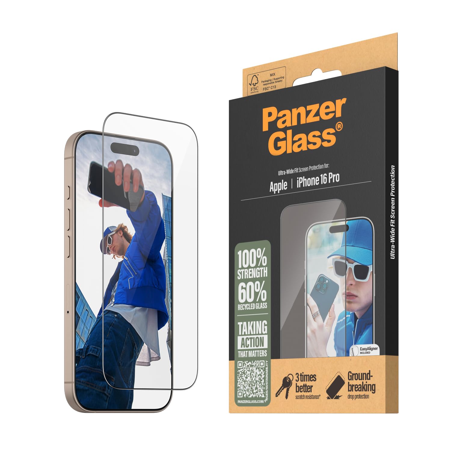 PanzerGlassTempered Glass Screen Protector for Apple iPhone 16 Pro Ultra Wide Fit, Case-Friendly, Scratch Resistance, Impact Resistance - with mounting aid for easy installation