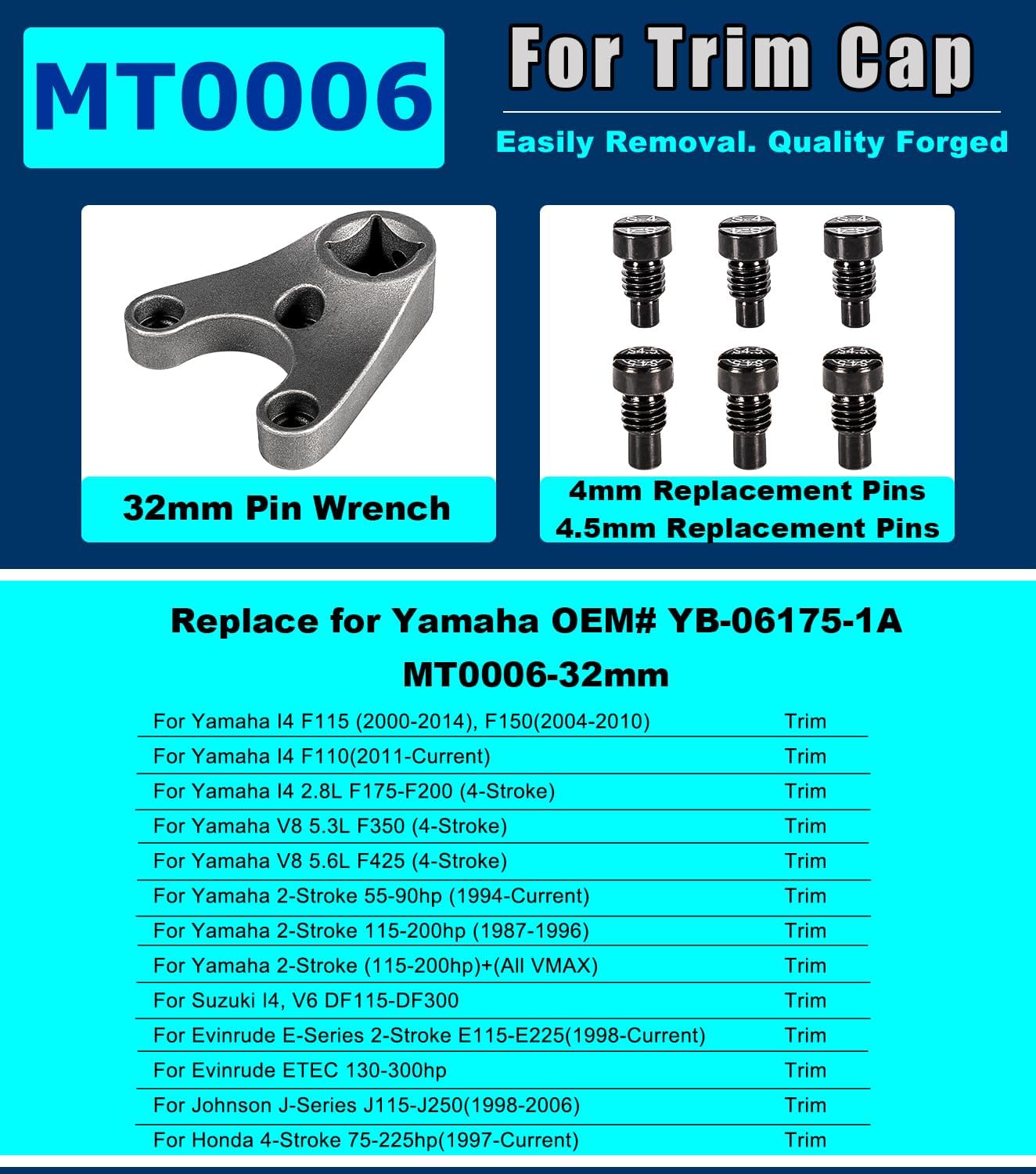 SHOWA Trim/Tilt Pin Wrench MT0006-32mm with S-4 & S-4.5 Pins, Remove Trim Caps for Yamaha, Honda, Evinrude Units