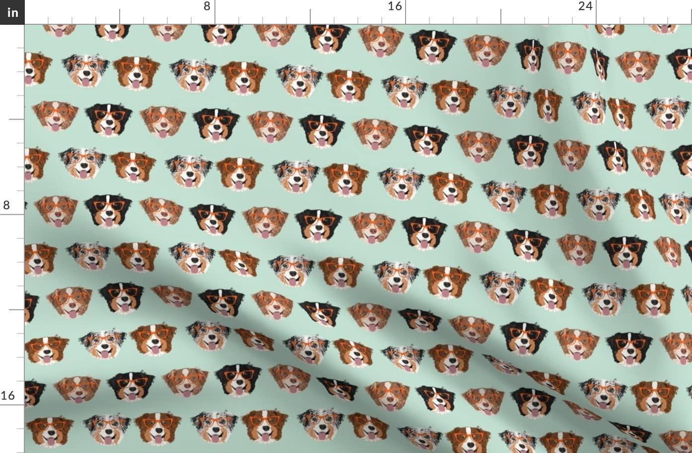 Spoonflower Fabric - Australian Shepherds Glasses Cute Dogs Mint Aussie Shepherd Dog Blue Printed on Organic Cotton Sateen Fabric by The Yard - Sewing Quilting Apparel Home Decor