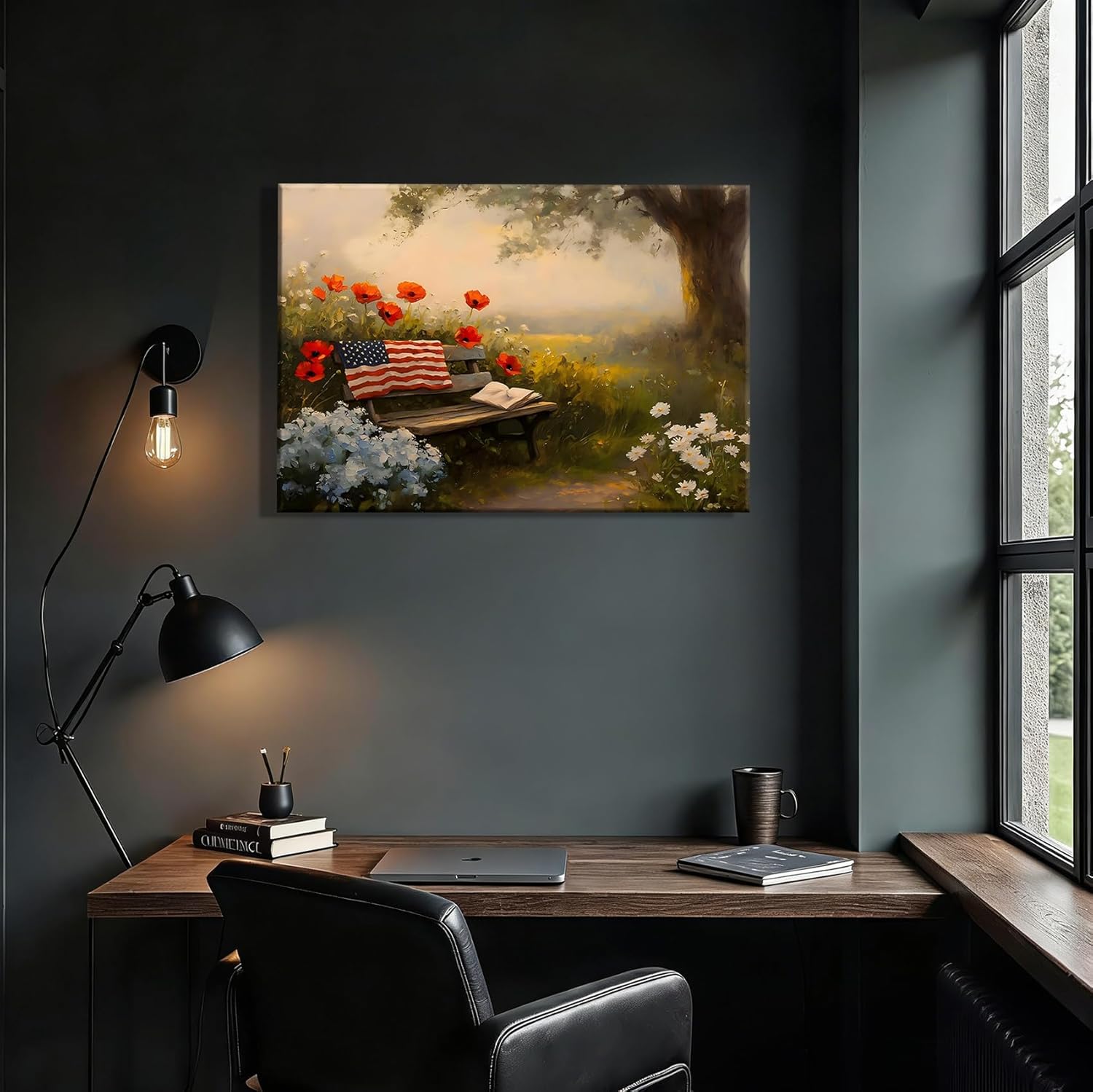 RIBNTAK Made in USA Farmhouse Floral 4th of July Canvas Prints– Vibrant Bench in Peaceful Garden Landscape Wall Art, Memorial Day Pictures for Living Room, Bathroom, or Office Wall Decor